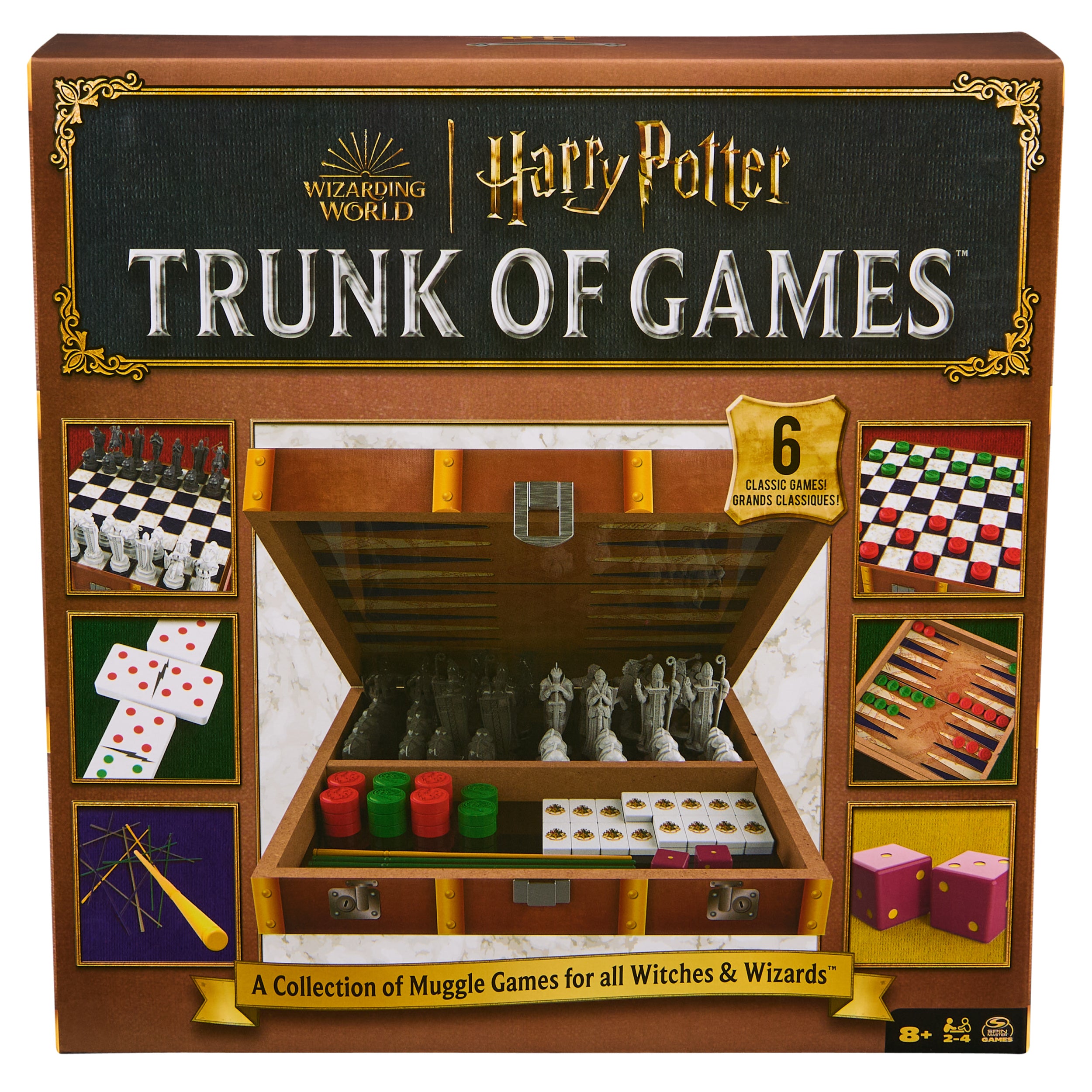 Spin Master Games, Wizarding World of Harry Potter Trunk of Games 6-in-1 Wooden Storage Box, for Muggle Fans of Harry Potter Movies, Chess Wizard, Pick-Up Wands & More, 2-4 Players, for Ages 8 & Up