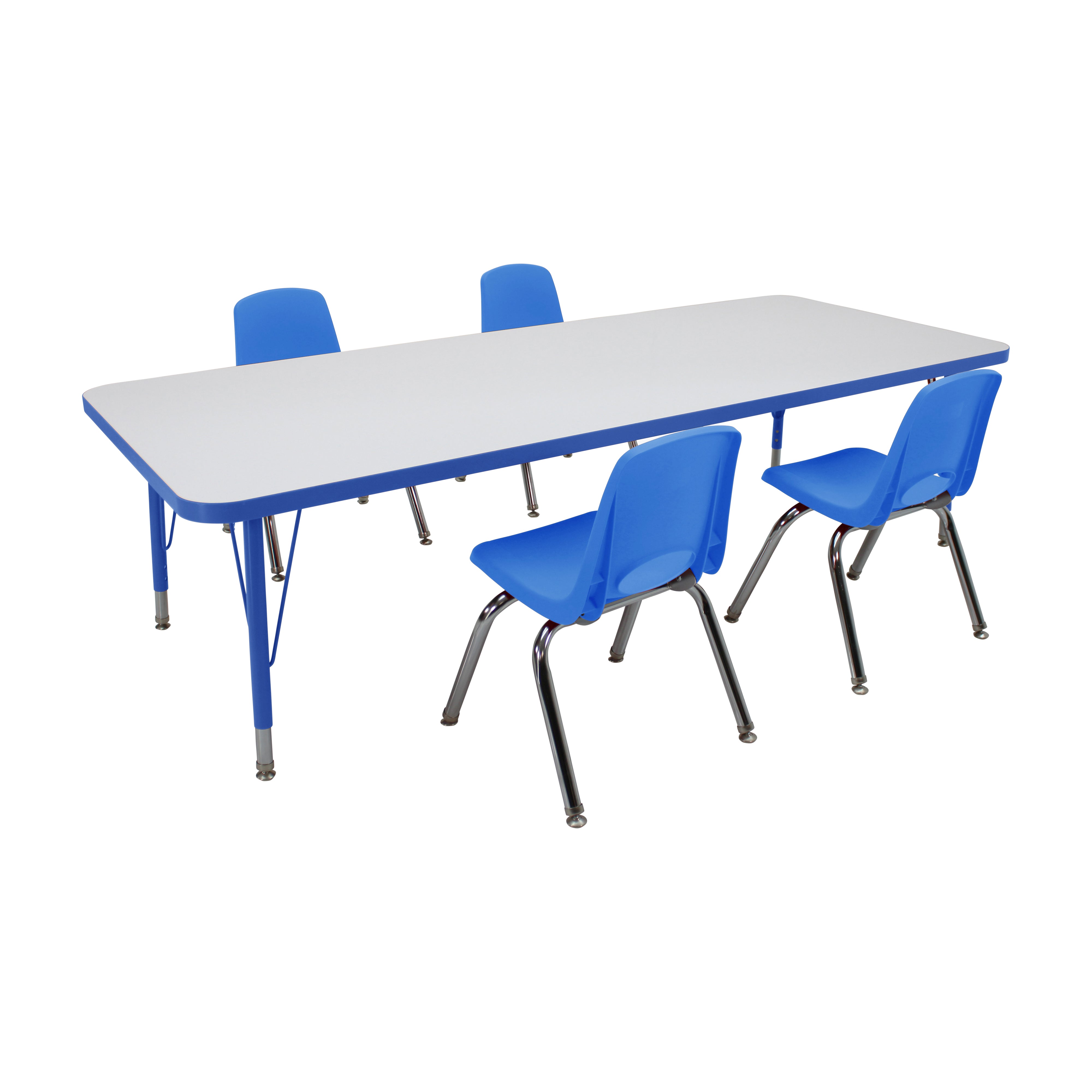 30" x 72" Rectangle Dry-Erase Activity Table with Standard Legs and 12" Stack Chairs with Swivel Glides, 5-Piece Set - Whiteboard/Blue