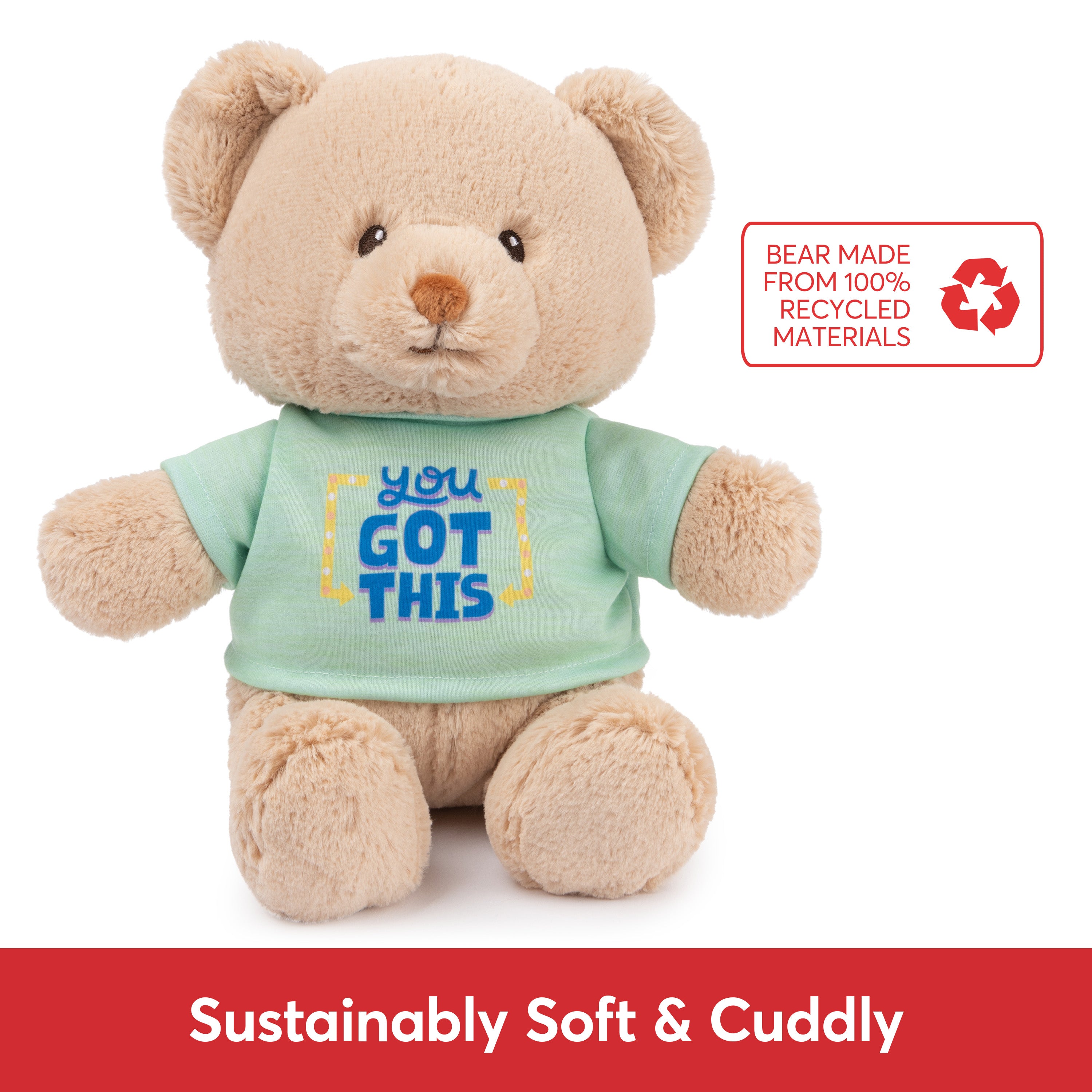 GUND “You Got This” Sustainable Message Bear with Green T-Shirt, Teddy Bear Made from 100% Recycled Materials for Ages 1 and Up, Tan, 12”