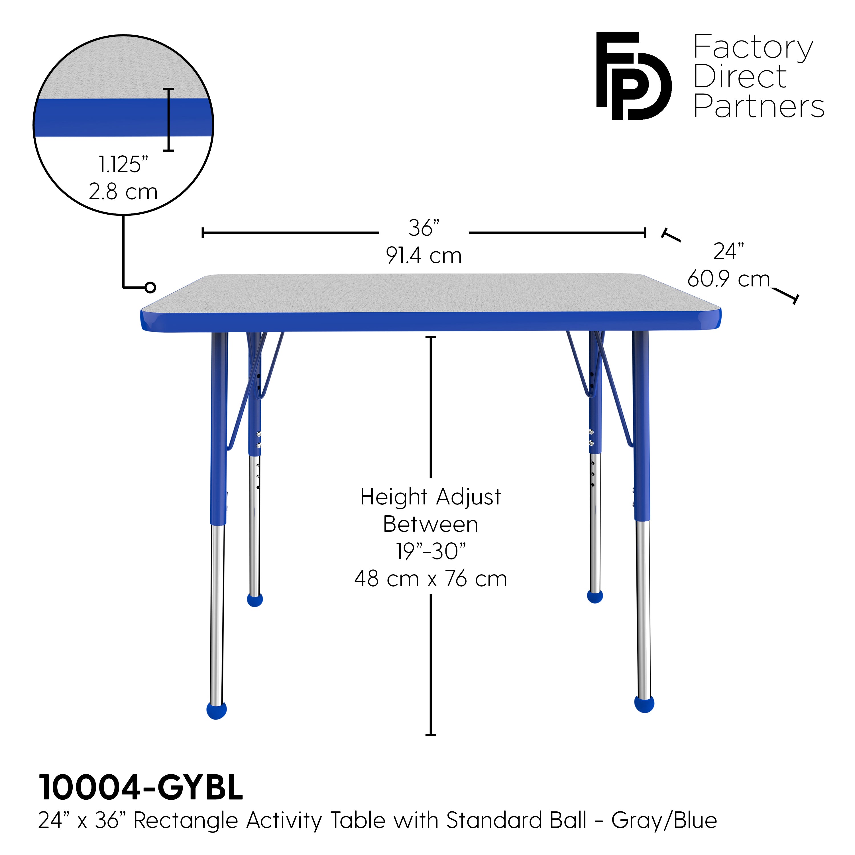 24" x 36" Rectangle T-Molding Activity Table with Adjustable Standard Ball Glide Legs - Gray/Blue