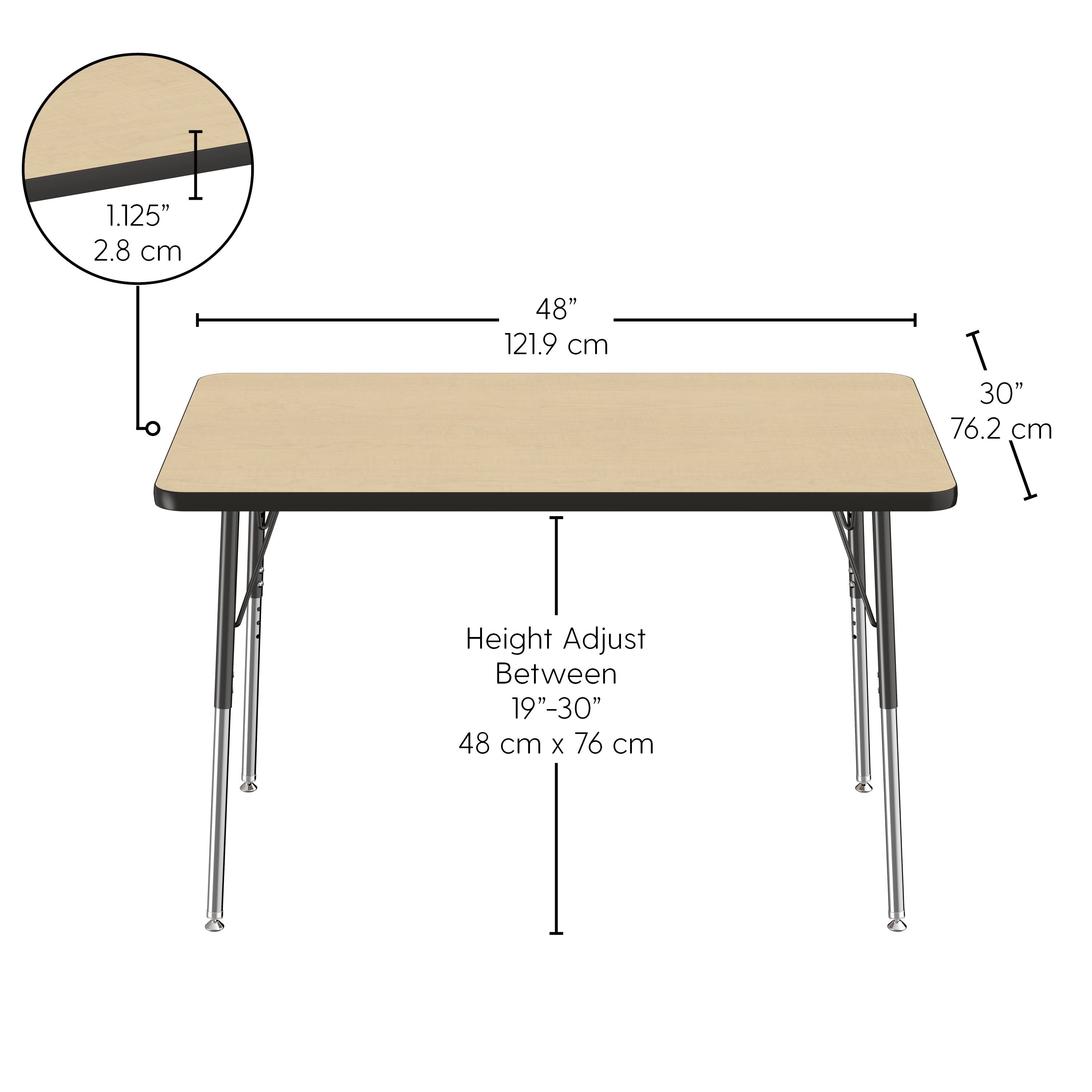 30" x 48" Rectangle T-Molding Activity Table with Adjustable Standard Swivel Glide Legs - Maple/Black