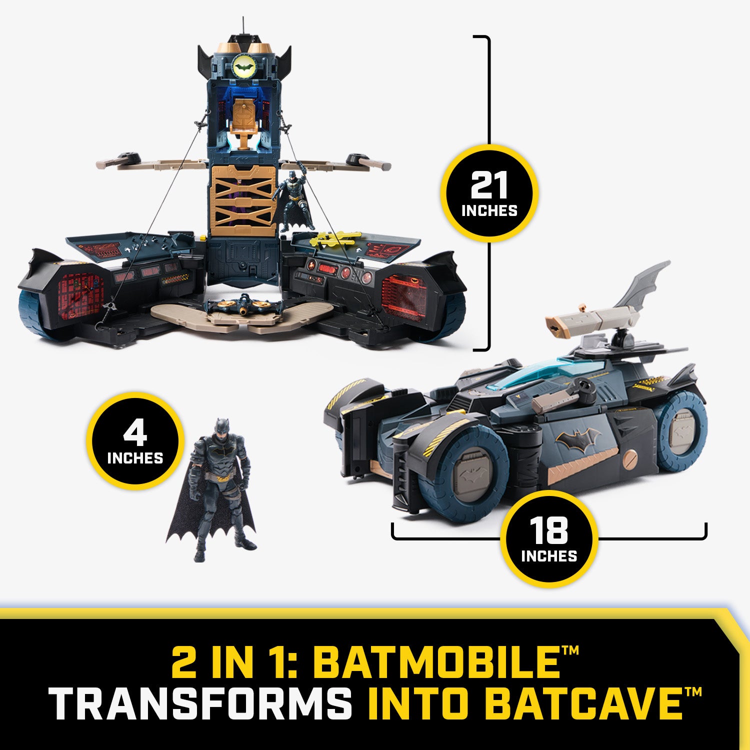 Batman, Ultimate Transforming Batmobile Playset, 2-in-1 Playset with Exclusive Figure and Glider, Lights, Sounds, Kids Toys for Boys and Girls 4 and Up