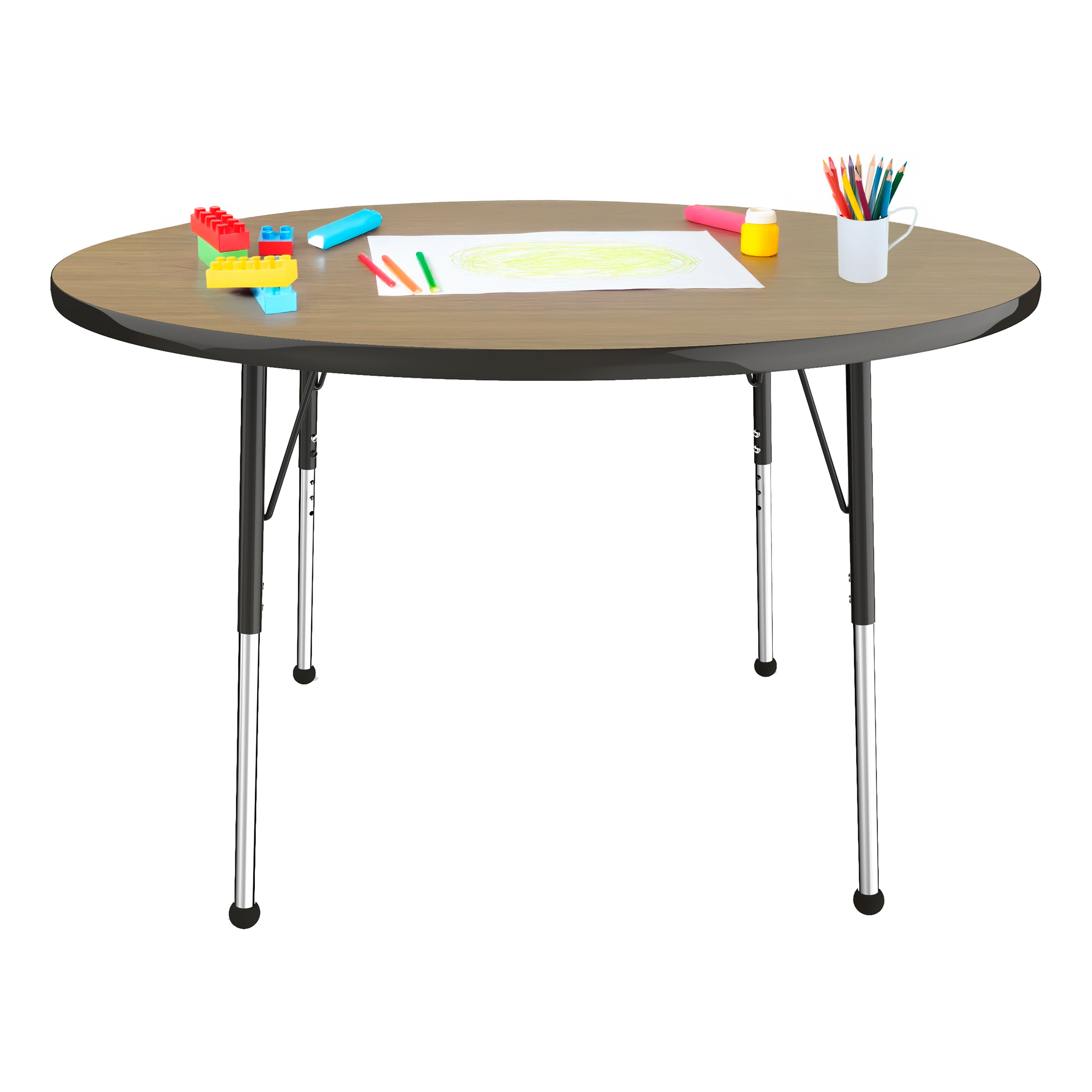 48" Round T-Molding Activity Table with Adjustable Standard Ball Glide Legs - Pasadena Oak/Black