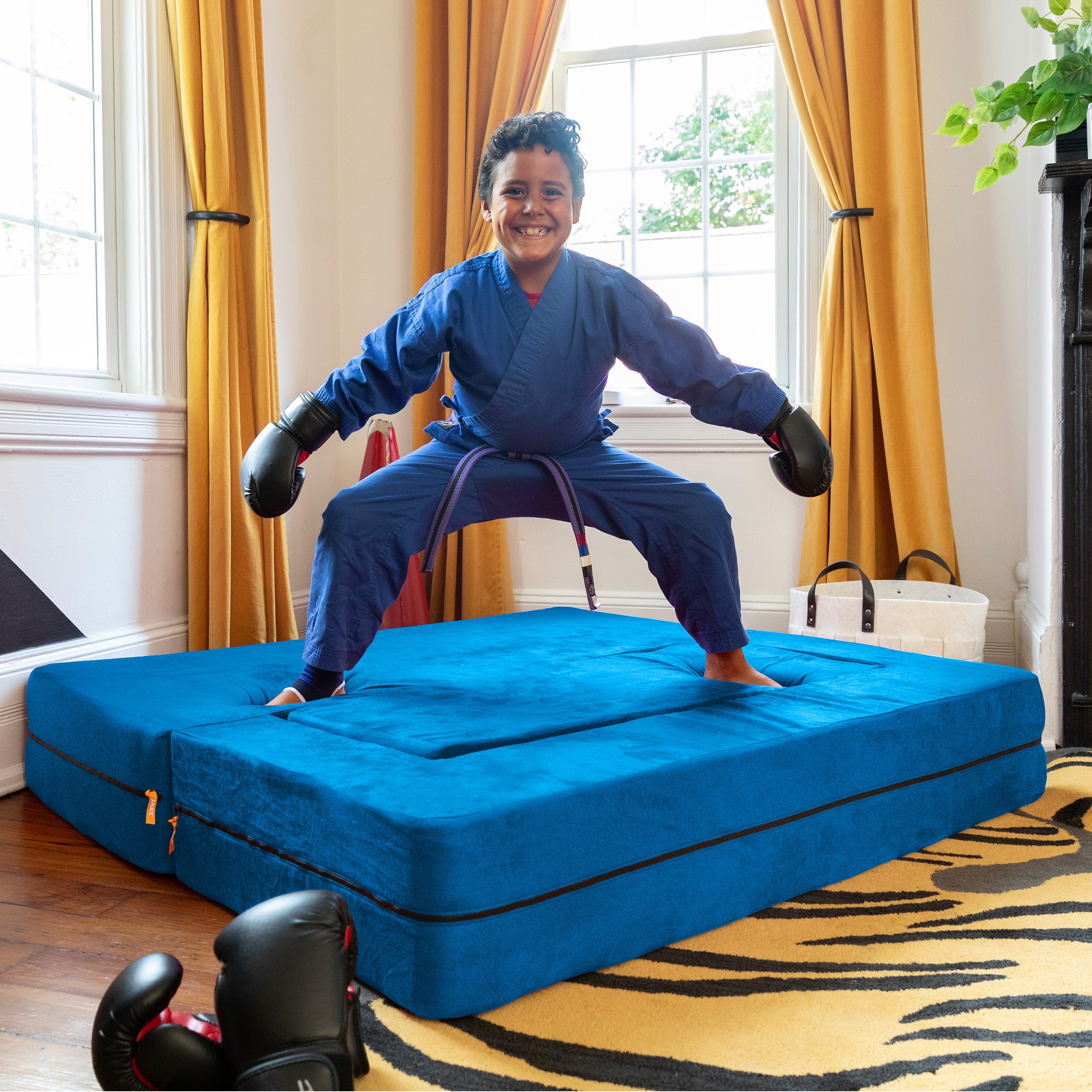 Jaxx Zipline Kids Sofa & Large Ottoman, 3 in 1 Fold Out Sofa, Big Kids Edition, Blueberry