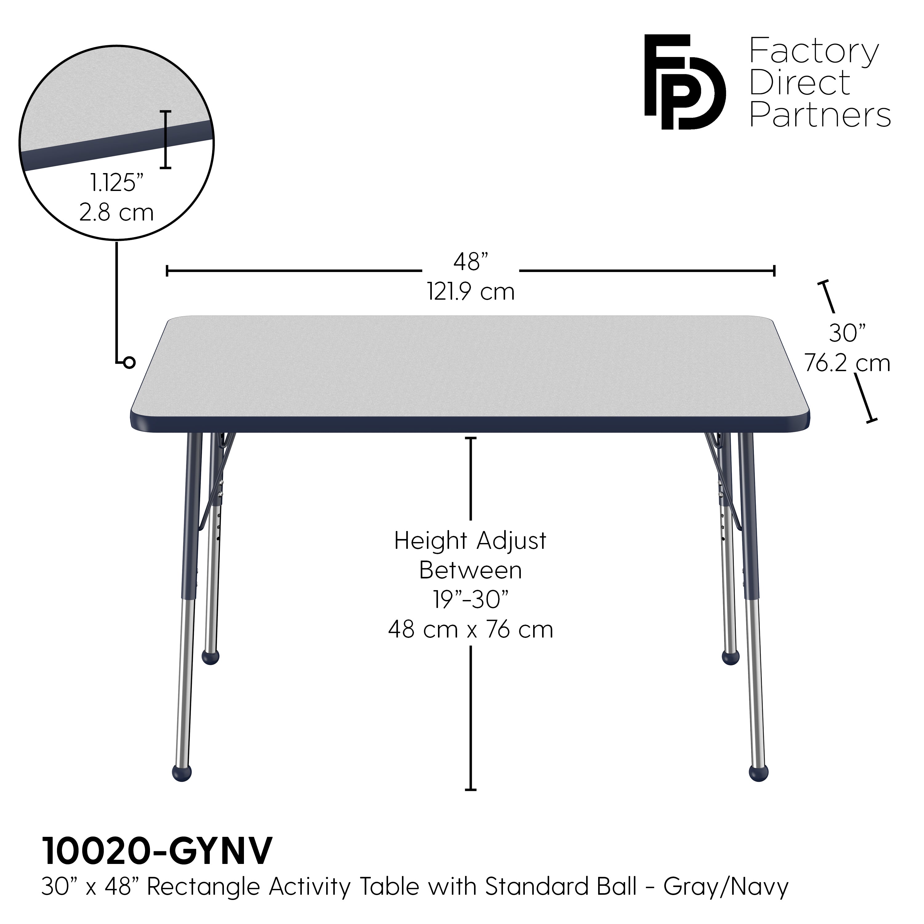 30" x 48" Rectangle T-Molding Activity Table with Adjustable Standard Ball Glide Legs - Gray/Navy