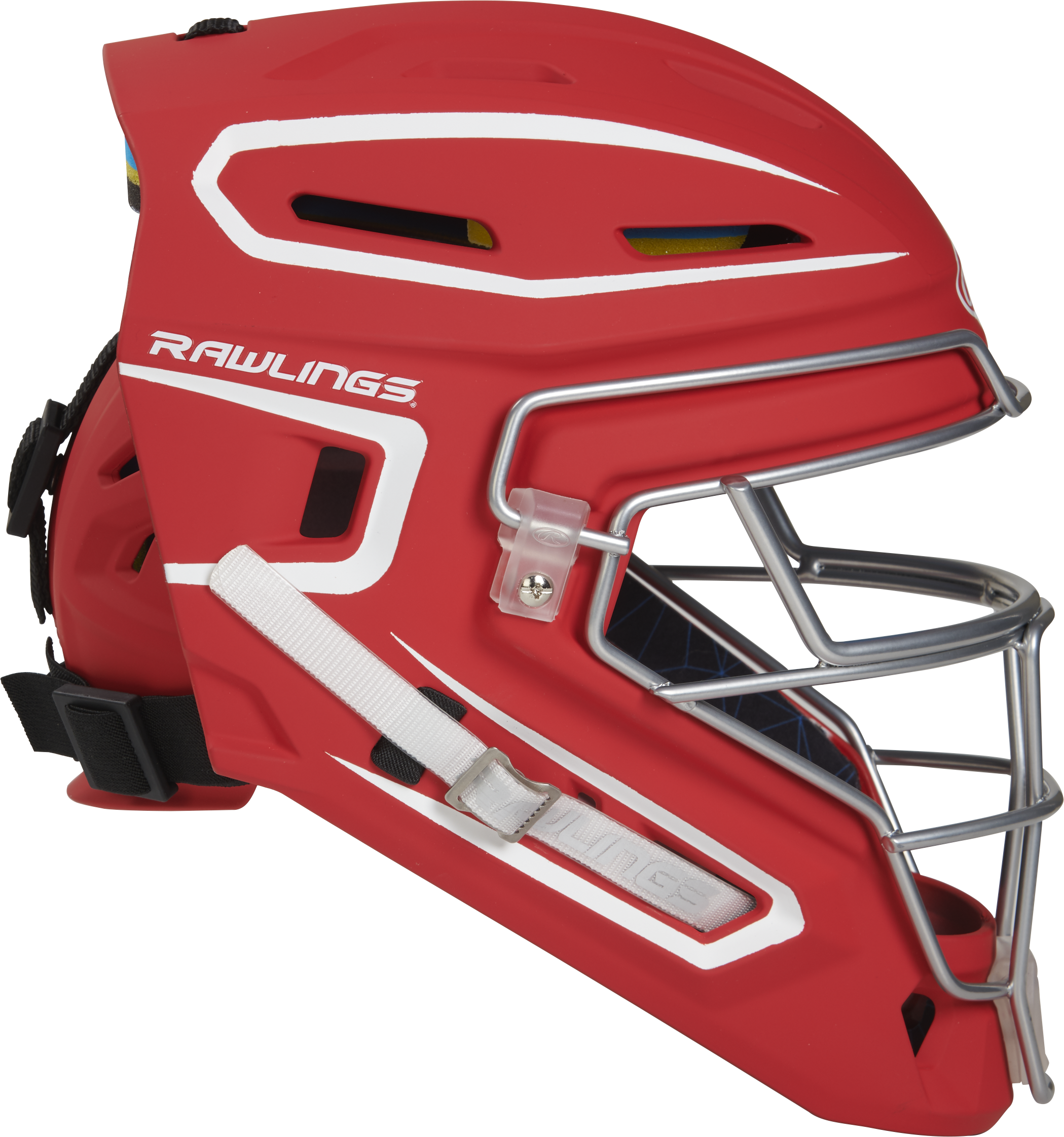 Rawlings Mach Matte 2-Tone Hockey Style Senior Catchers Helmet - Scarlet/White