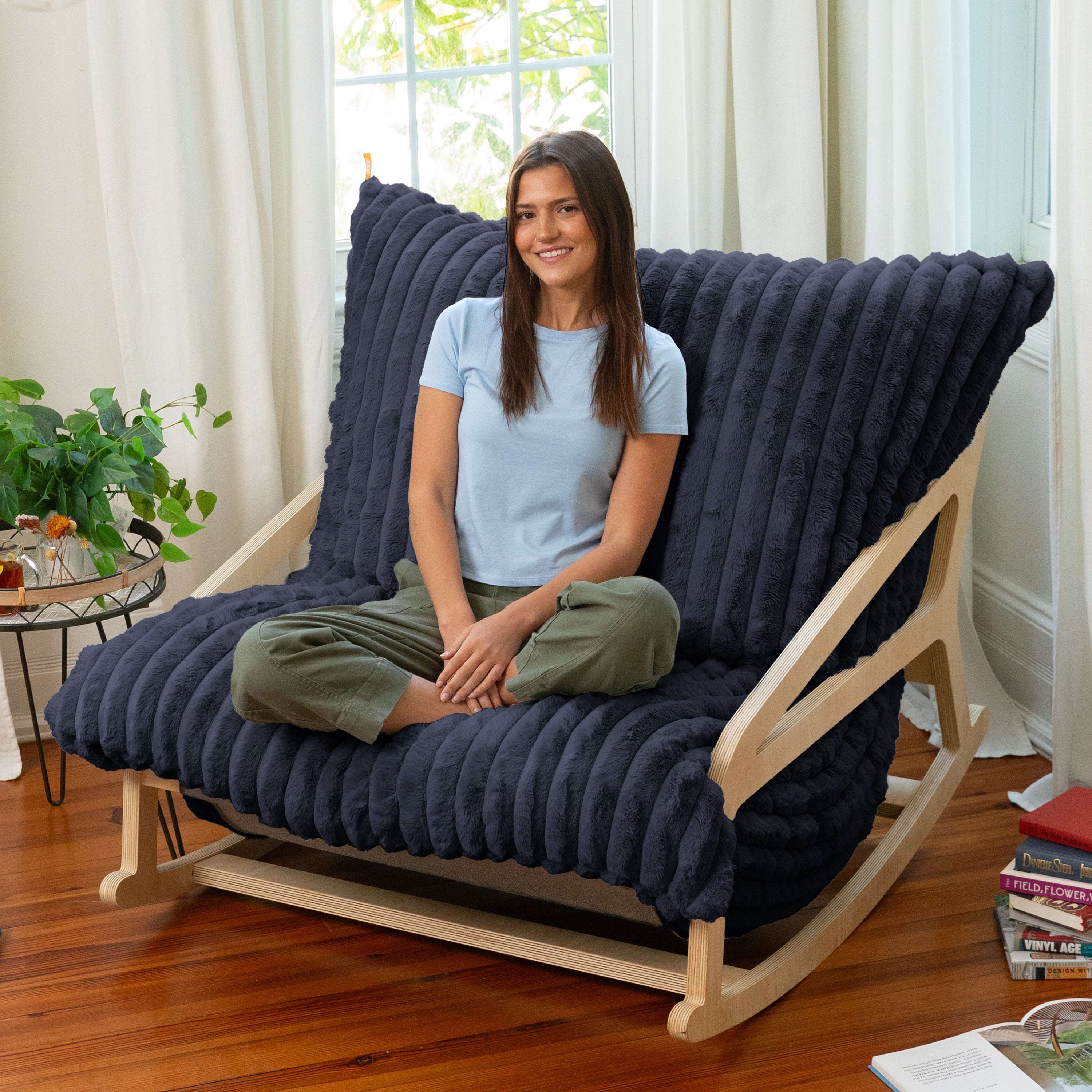 Pillow Saxx Bean Bag Rocking Chair - Elegant Oversized Rocker with Modern Wood Frame, Mondo Fur Midnight Blue