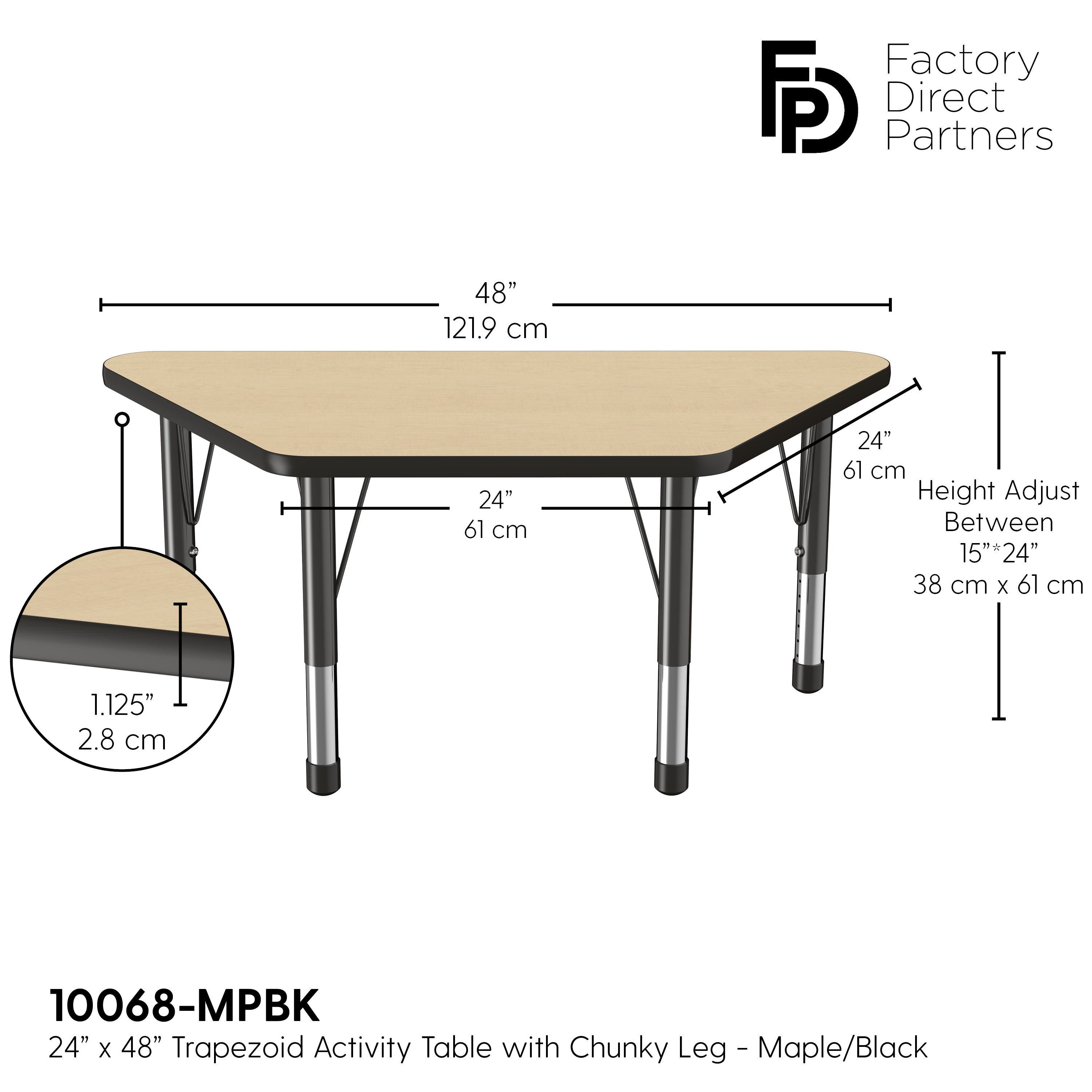 24" x 48" Trapezoid T-Molding Activity Table with Adjustable Chunky Legs - Maple/Black