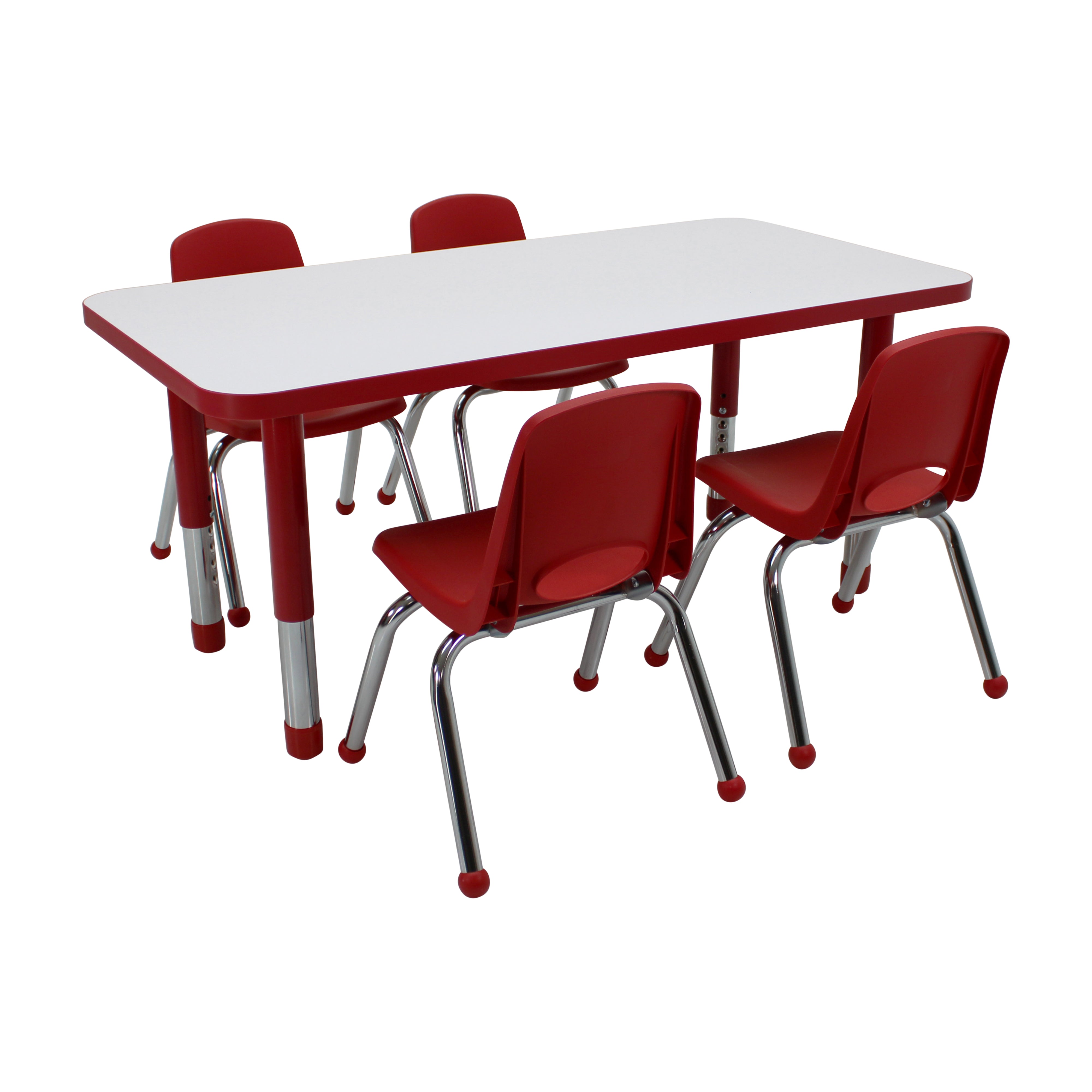 24" x 48" Rectangle Dry-Erase Activity Table with Chunky Legs and 12" Stack Chairs with Ball Glides, 5-Piece Set - Whiteboard/Red