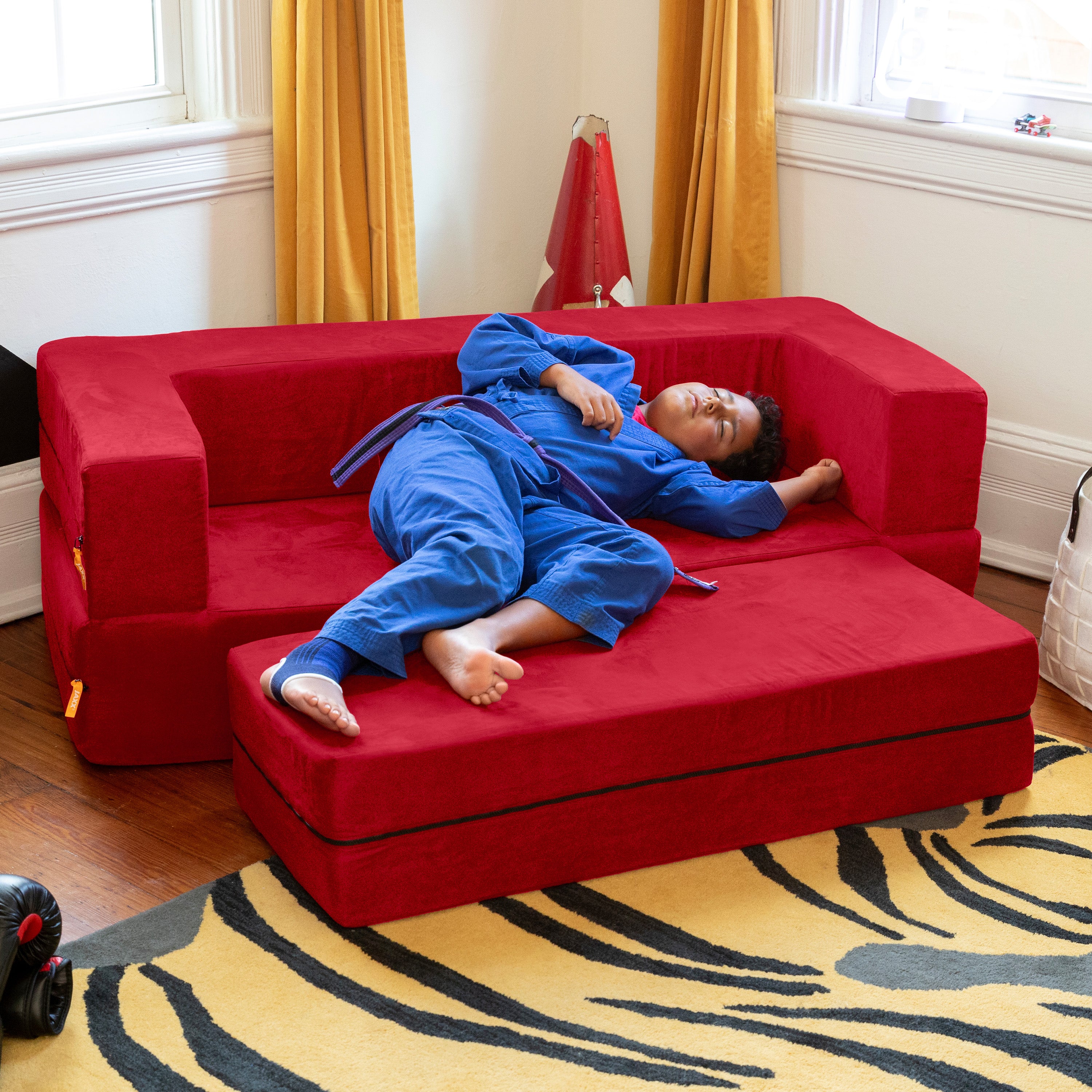 Jaxx Zipline Kids Sofa & Large Ottoman, 3 in 1 Fold Out Sofa, Big Kids Edition, Cherry