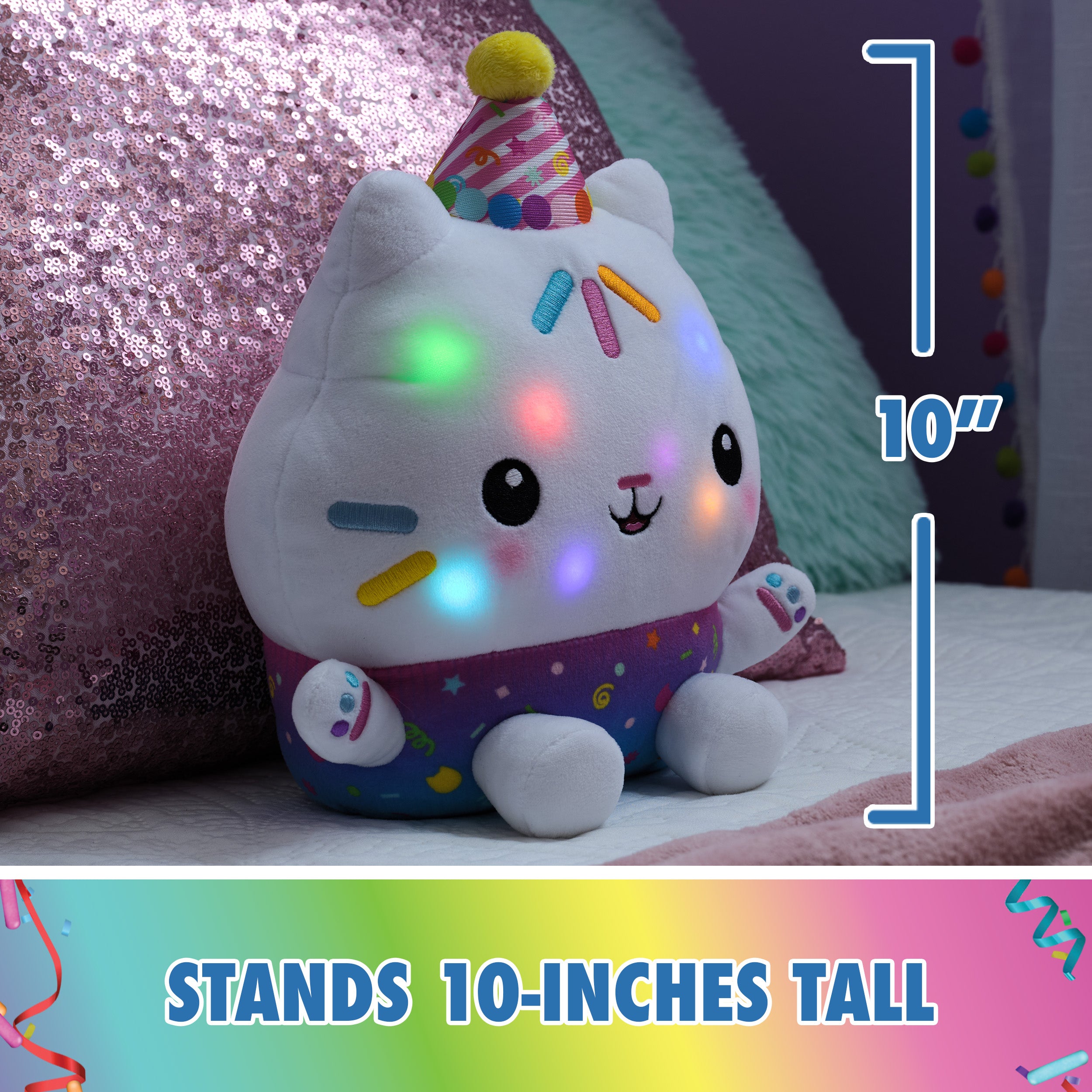 Gabby’s Dollhouse Celebrations, Sprinkle Party Cakey Cat Plush, 10-Inch Interactive Stuffed Animal with Sounds, Kids Toys for Girls & Boys Ages 3+