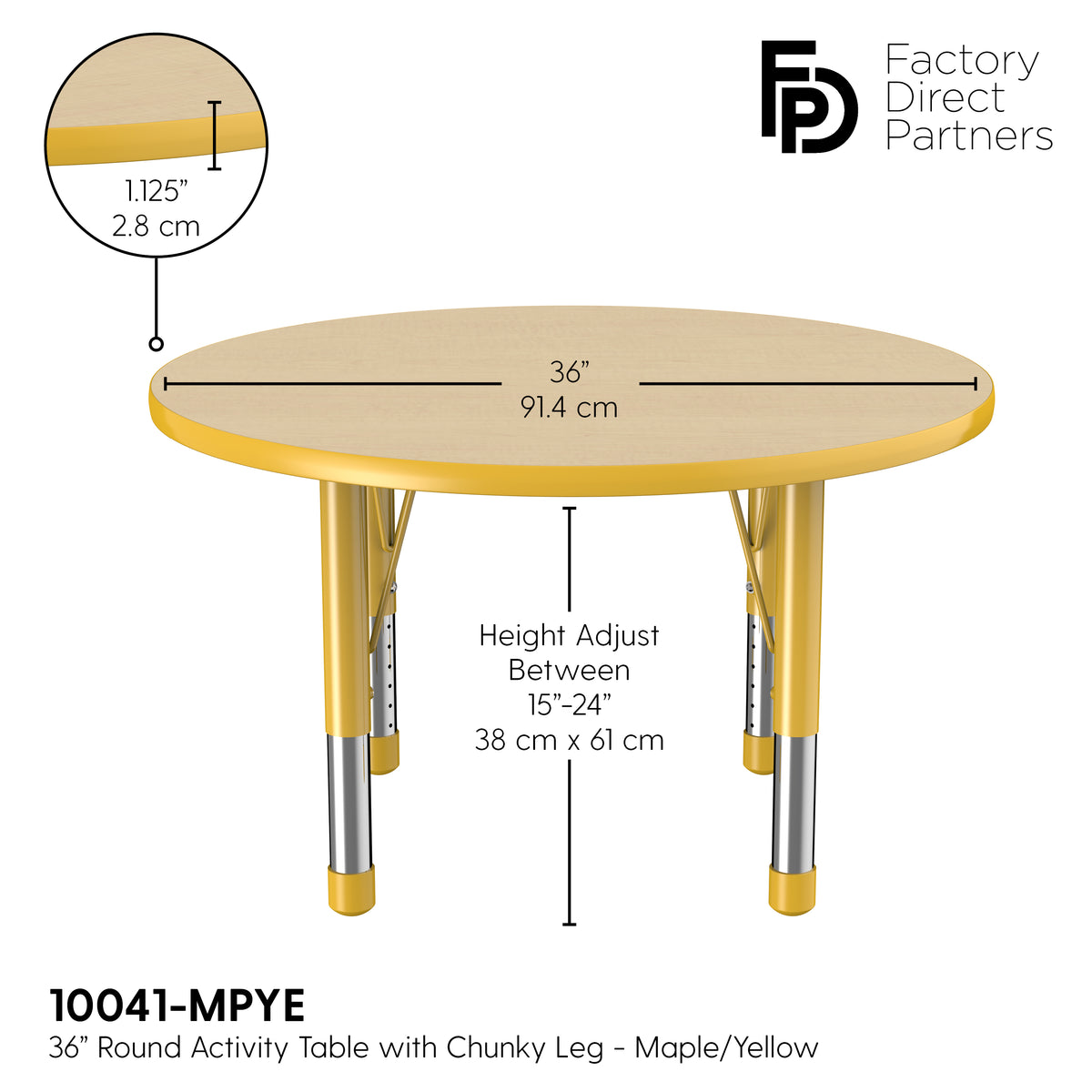 36" Round T-Molding Activity Table with Adjustable Chunky Legs - Maple/Yellow