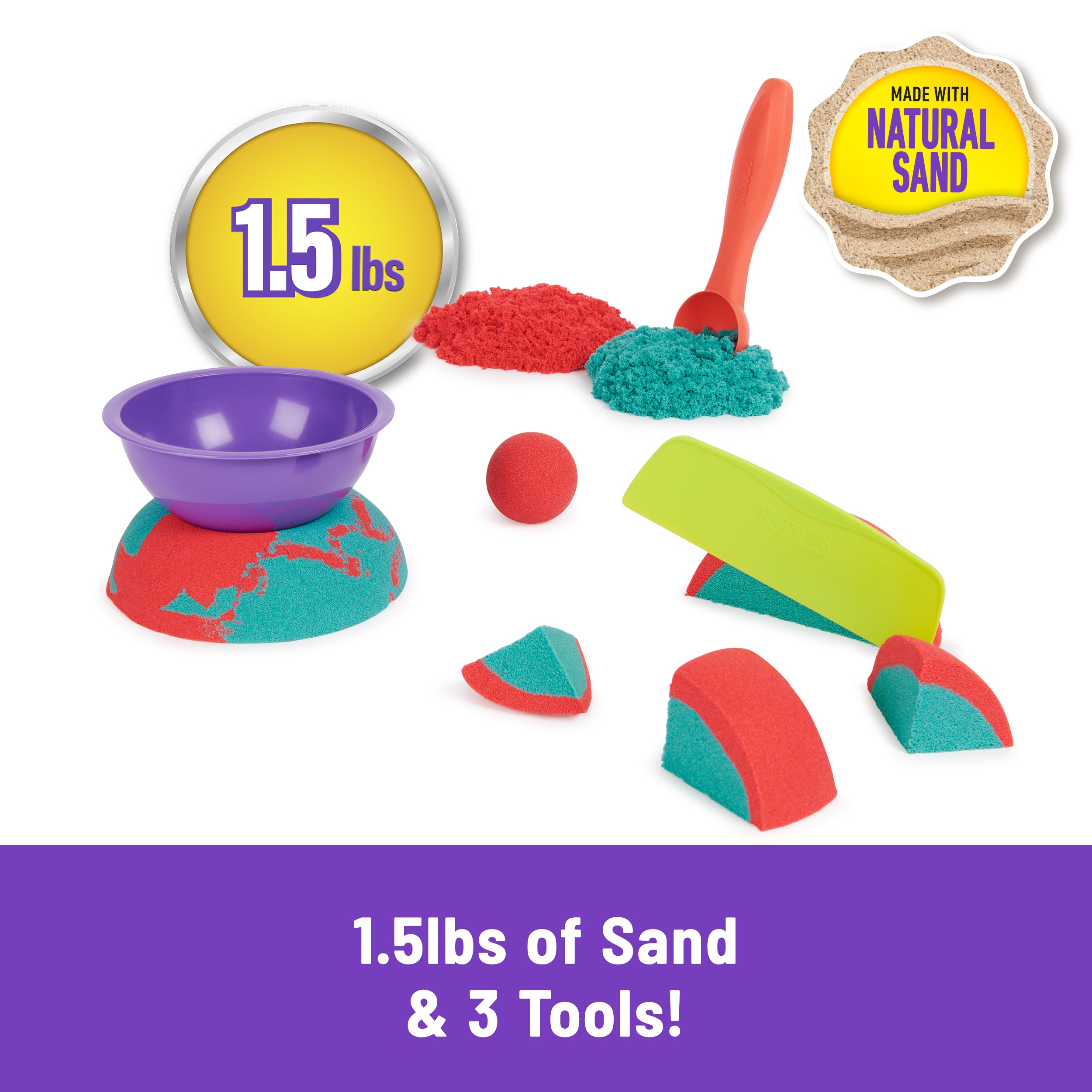 Kinetic Sand Mold n’ Flow with 1.5lbs Red & Teal Play Sand, 3 Tools, Sensory Toys for Kids Ages 3 and up