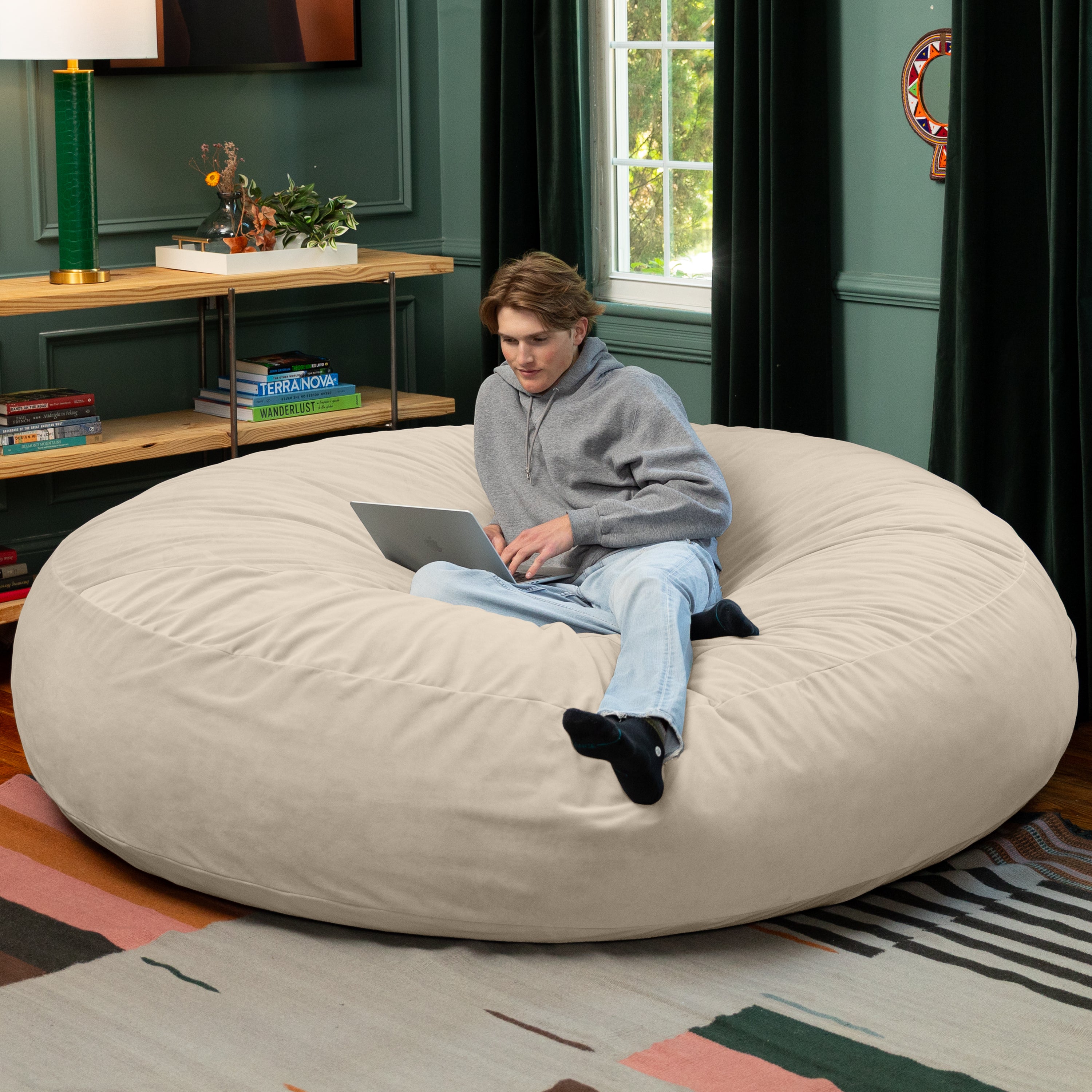 Jaxx 7 Foot Cocoon - 2-in-1 Convertible Bean Bag Bed & Large Bean Bag Chair for Adults, Lush Velvet Ivory