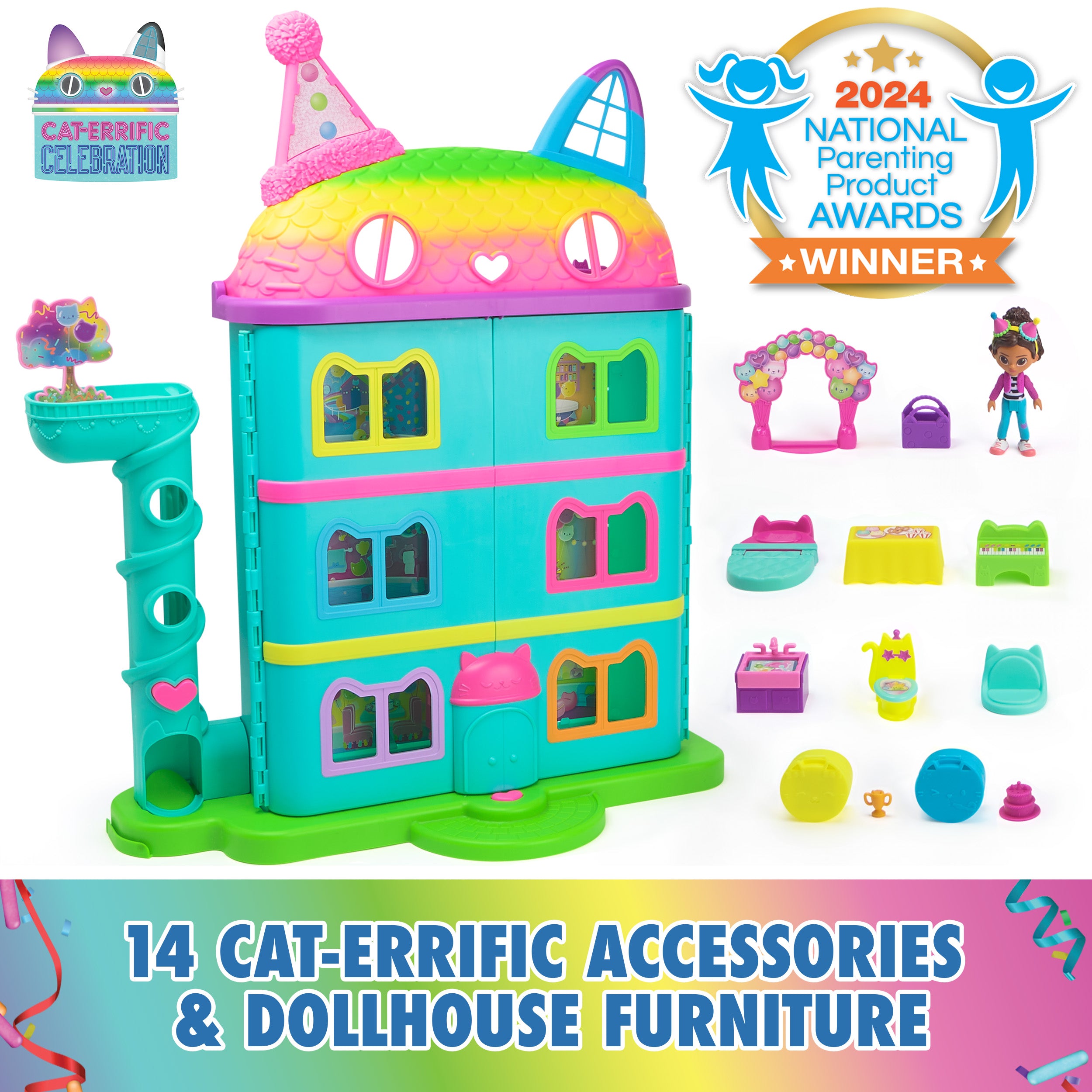 Gabby's Dollhouse, 15 Pc Celebration Dollhouse, 25-Inches Tall, with Toy Figures, Doll House Furniture & 10 Sounds, Kids Toys for Girls & Boys Ages 3+