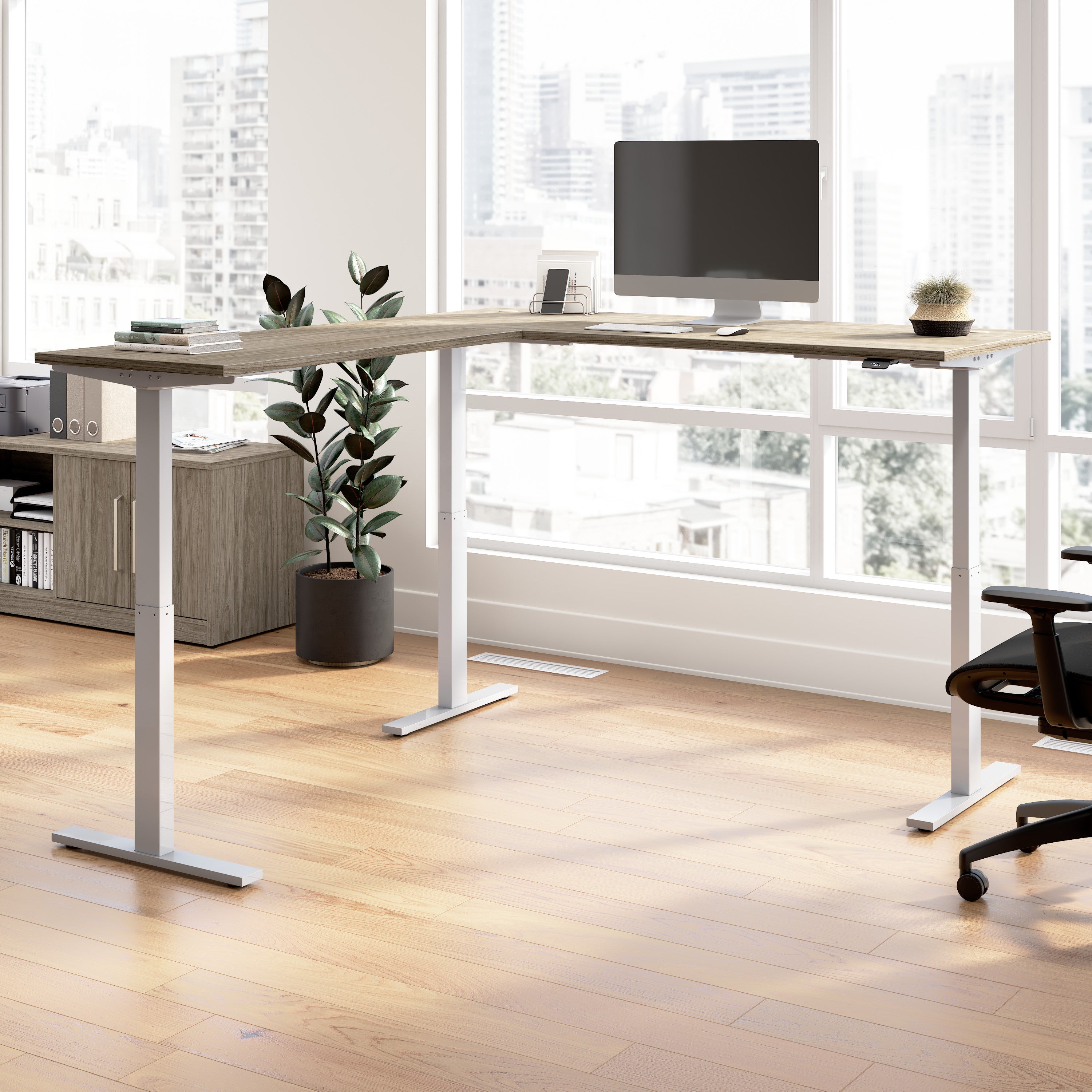 Bush Business Furniture Move 60 Series 72W Height Adjustable L Shaped Standing Desk in Modern Hickory with Metallic Gray Base - 71.02" Width x 76.97" Depth x 27.44" Height