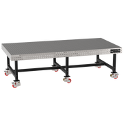 Welding Fixture Table, Fixed Height, 36"H x 120"L x 60"D, 1/4" Carbon Steel Top, Six Black Powdercoat Legs, 6 Heavy Duty Suspension Casters (4 Locking/Swiveling Casters and 2 Non-Locking/Non-SwivelingCasters)