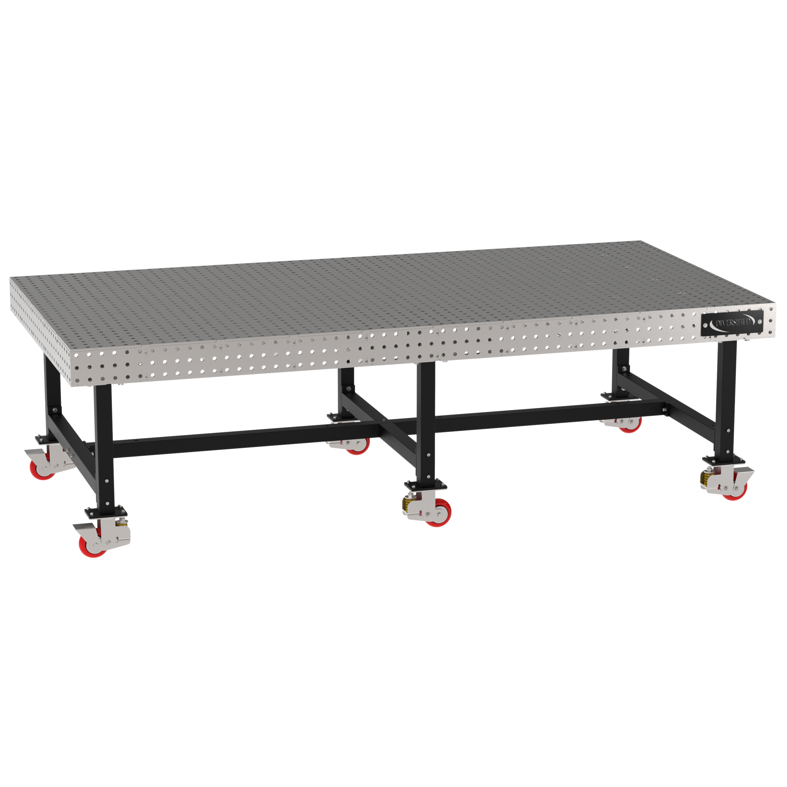 Welding Fixture Table, Fixed Height, 36"H x 120"L x 60"D, 1/4" Carbon Steel Top, Six Black Powdercoat Legs, 6 Heavy Duty Suspension Casters (4 Locking/Swiveling Casters and 2 Non-Locking/Non-SwivelingCasters)