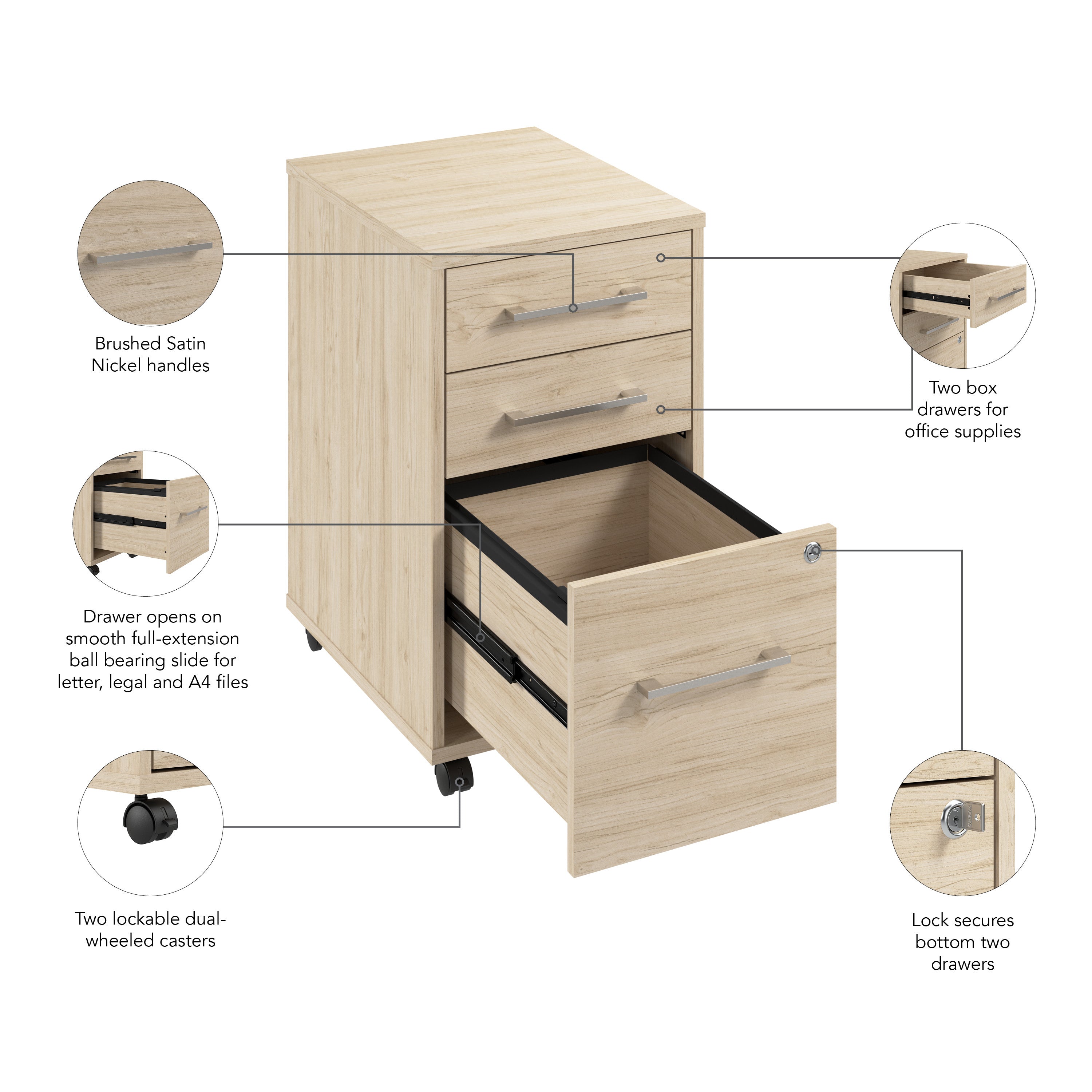 Bush Business Furniture Hustle 3 Drawer Rolling File Cabinet with Lock in Natural Elm - Assembled - 15.67" Width x 19.69" Depth x 27.36" Height