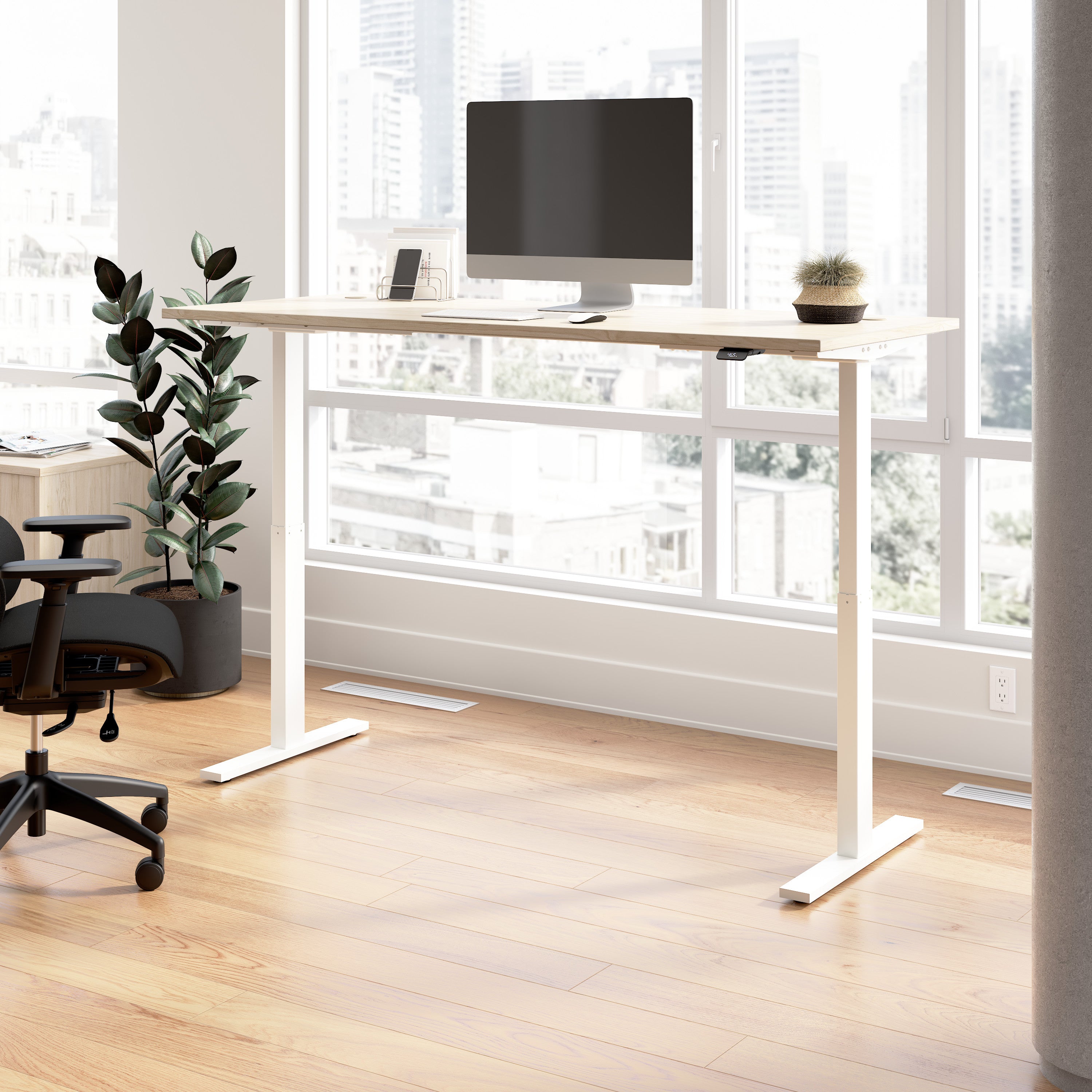 Bush Business Furniture Move 60 Series 72W x 30D Electric Height Adjustable Standing Desk in Natural Elm with White Base - 71.02" Width x 29.37" Depth x 27.44" Height