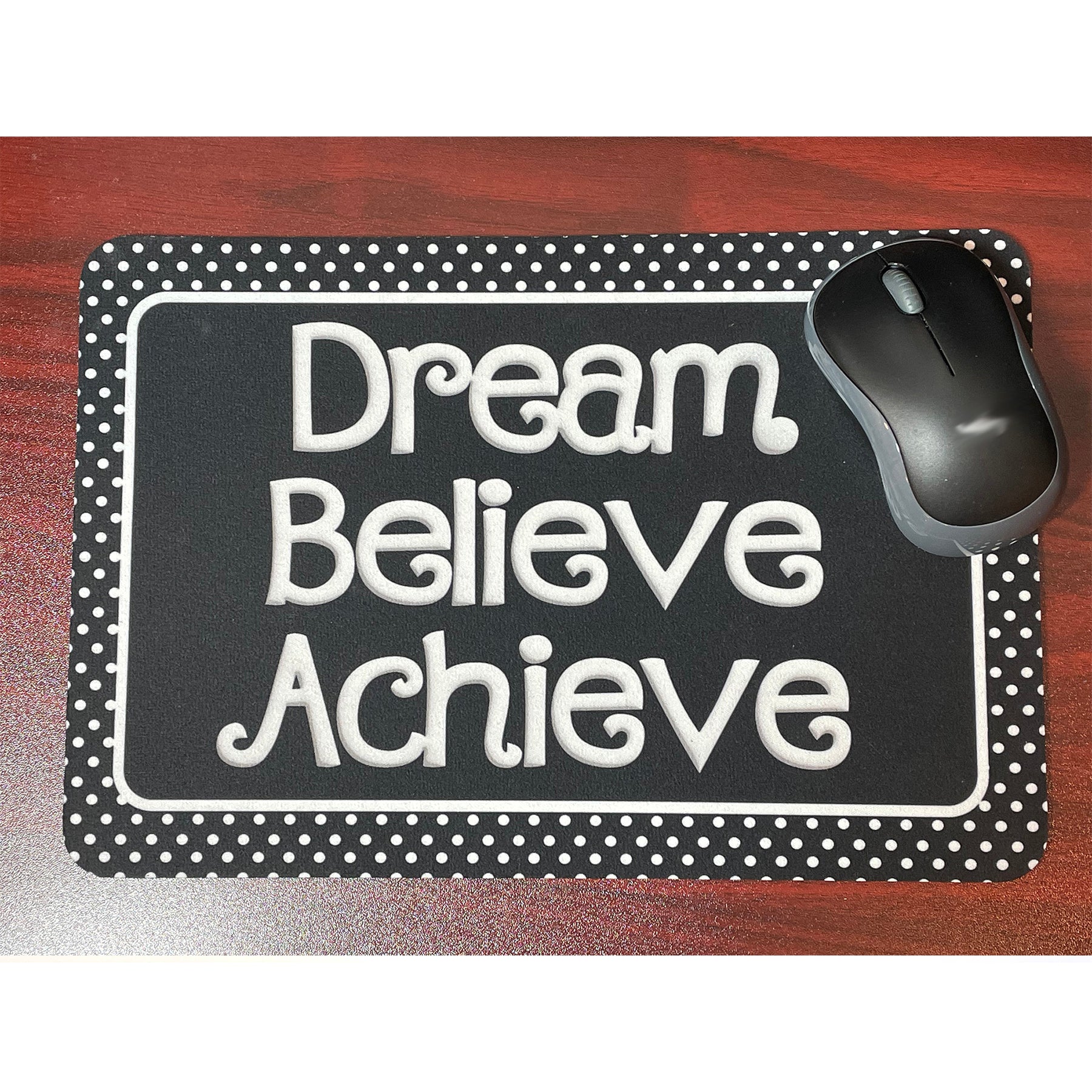 The Original Fun Mat® Computer Desk Mats, Set of 3, (1) Mouse Pad, (1) Keyboard Wrist Pad, (1) Coaster, Dream, Believe, Achieve, Black with White Dots