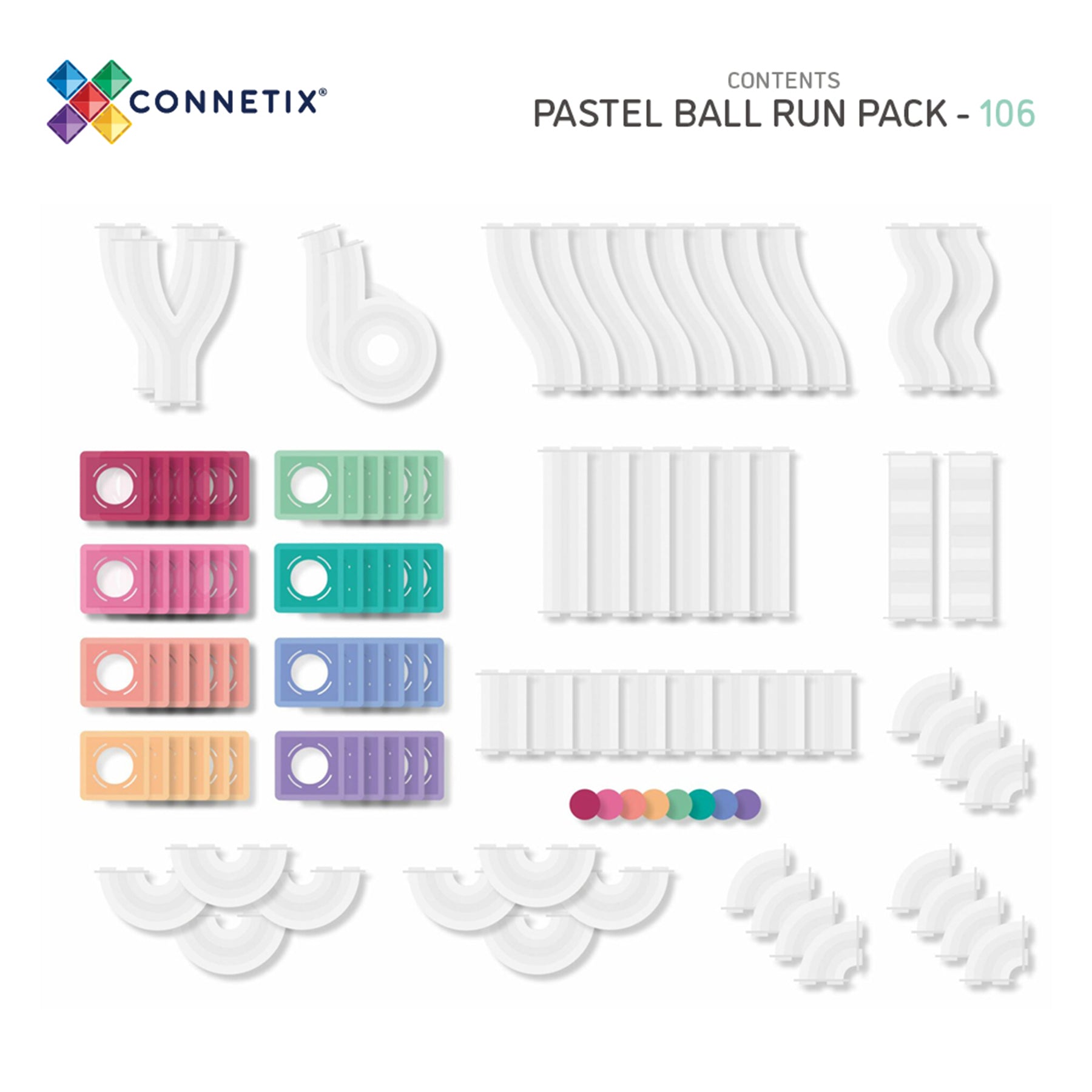 Magnetic Tiles Pastel Ball Run Pack, 106 Pieces
