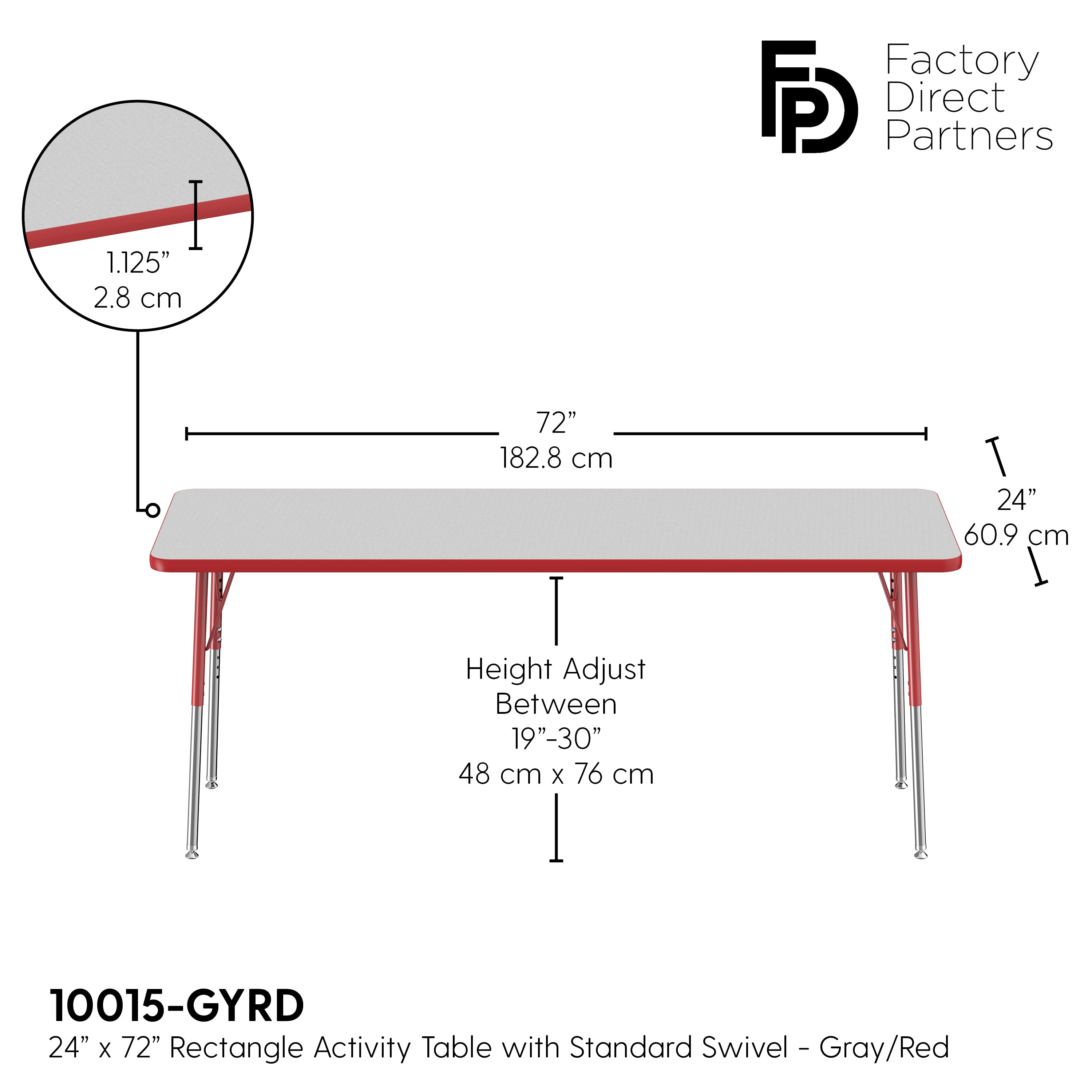24" x 72" Rectangle T-Molding Activity Table with Adjustable Standard Swivel Glide Legs - Gray/Red