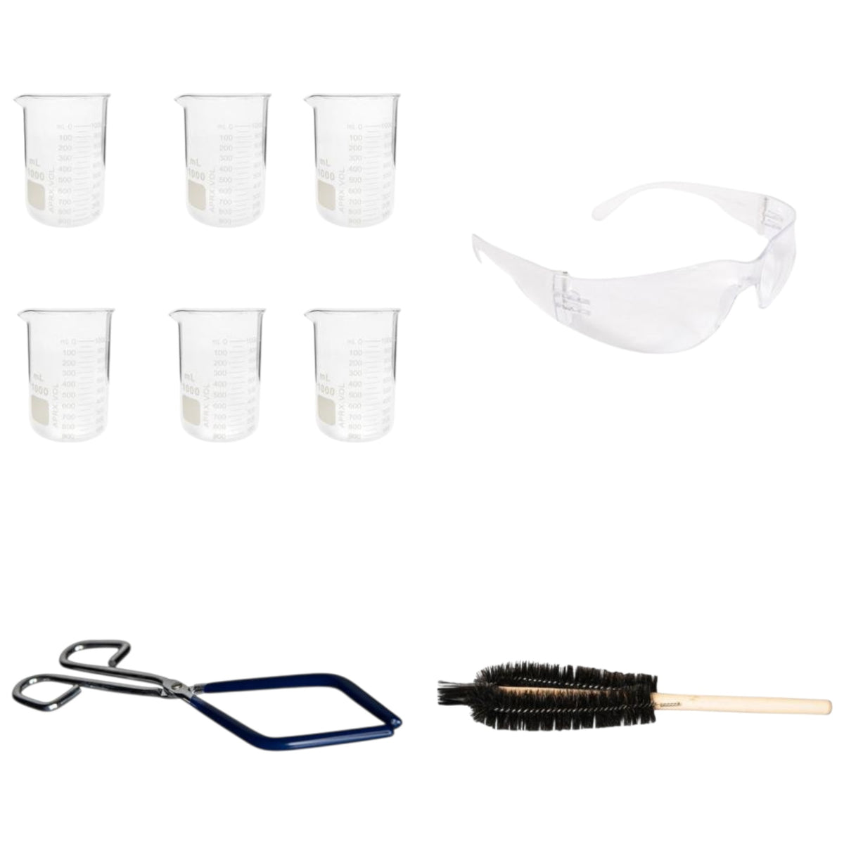 Beaker Starter Kit - Includes 6 Packs of 1000ml Griffin Style Beakers, Beaker Brush (330mm), Beaker Tongs with Plastisol-Coated Jaws, & Safety Glasses