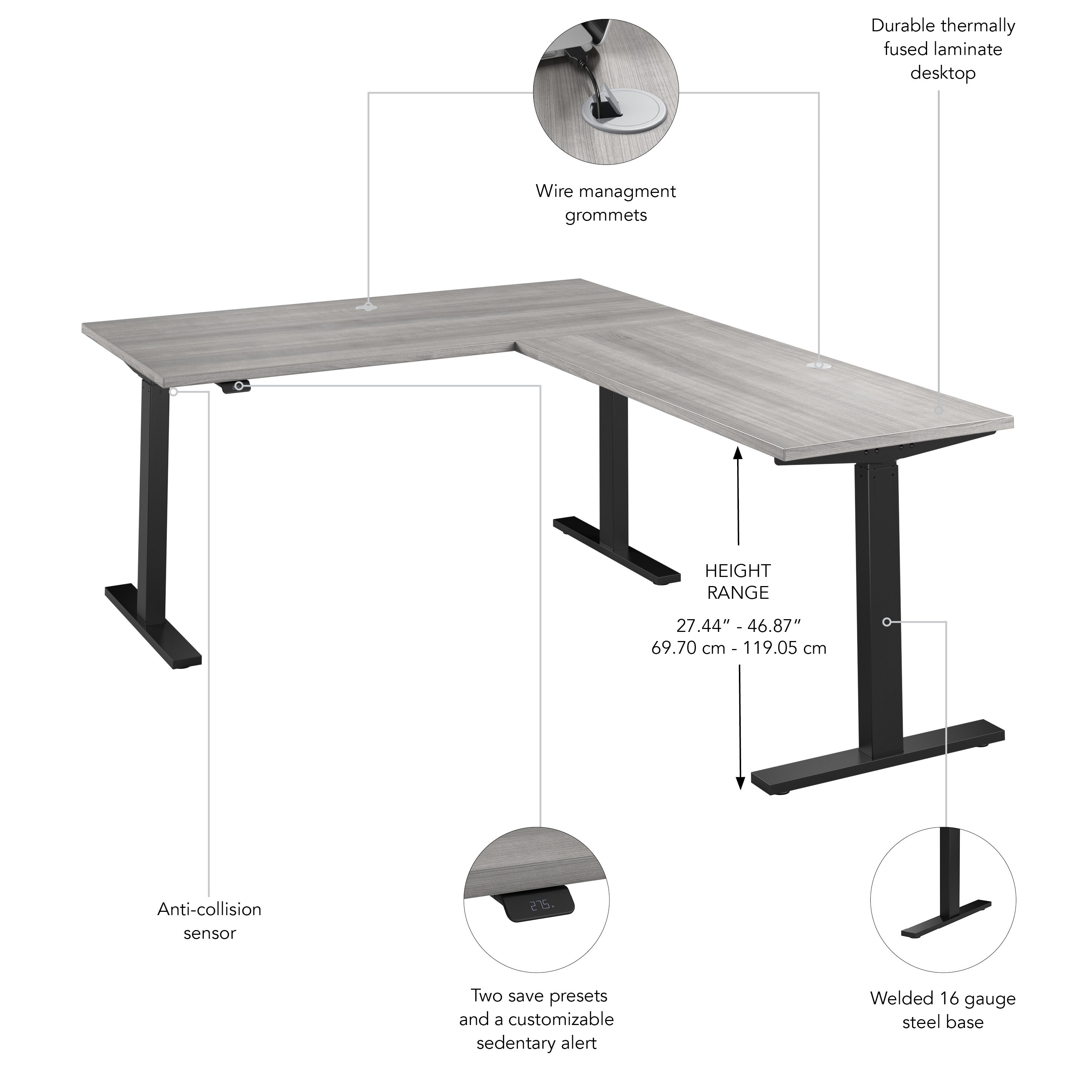 Bush Business Furniture Move 60 Series 60W Height Adjustable L Shaped Standing Desk in Platinum Gray with Black Base - 59.45" Width x 76.97" Depth x 27.44" Height