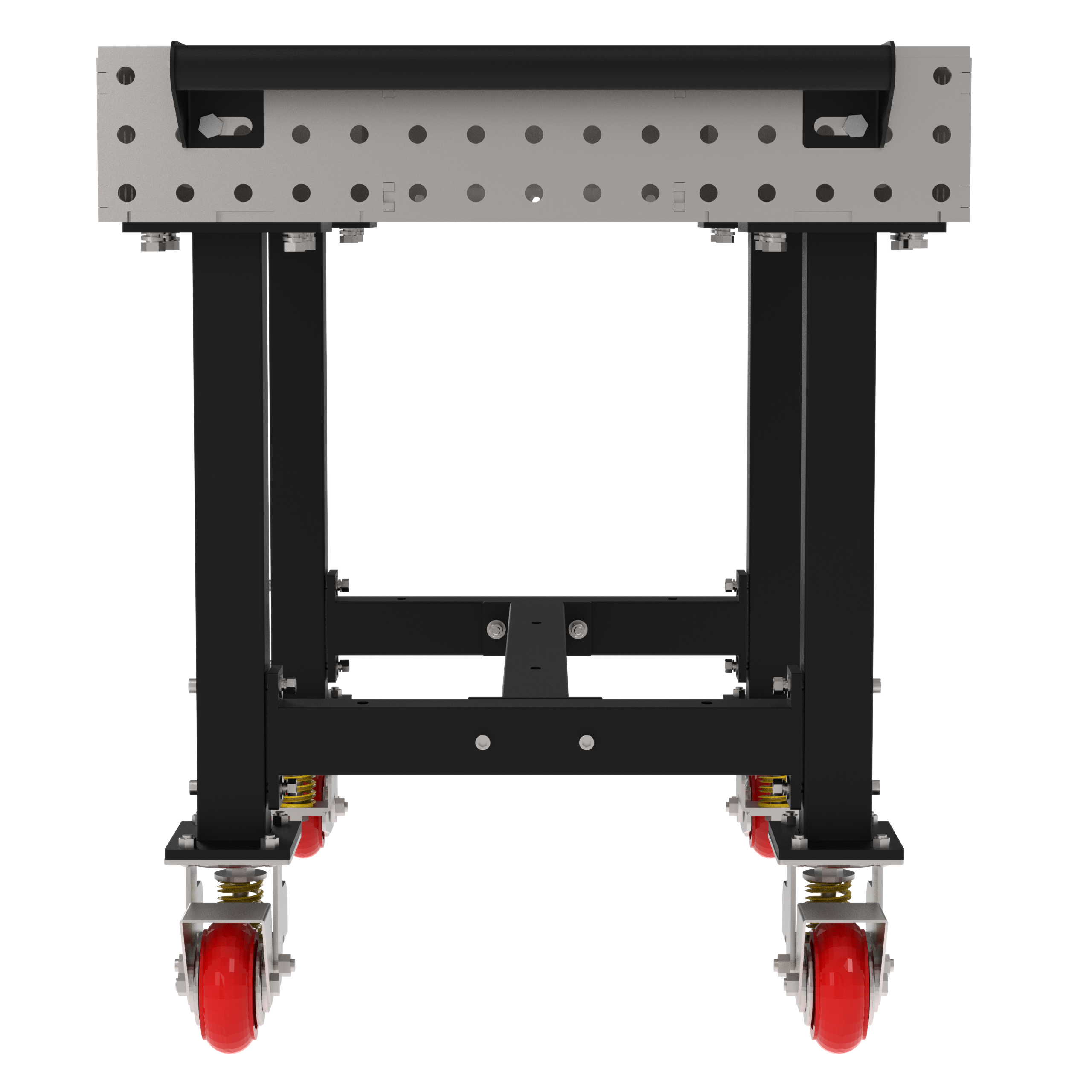 Welding Fixture Table, Fixed Height, 36"H x 48"L x 30"D, 1/4" Carbon Steel Top, Four Black Powdercoat Legs, Handle, 4 Heavy Duty Suspension Casters (2 Locking/Swiveling Casters and 2 Non-Locking/Non-SwivelingCasters)