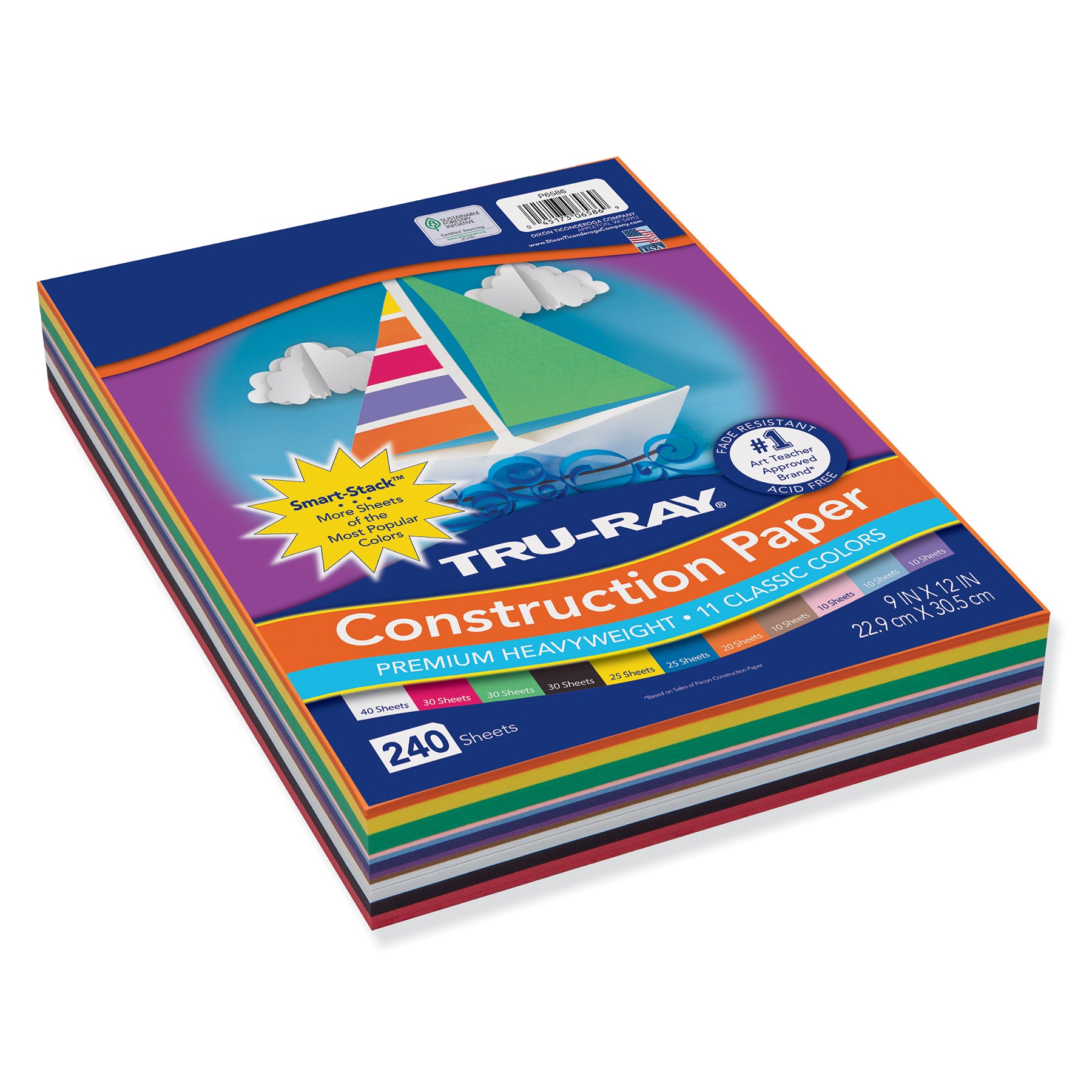 Construction Paper Smart-Stack, Heavyweight, 11 Classic Colors, 9" x 12", 240 Sheets
