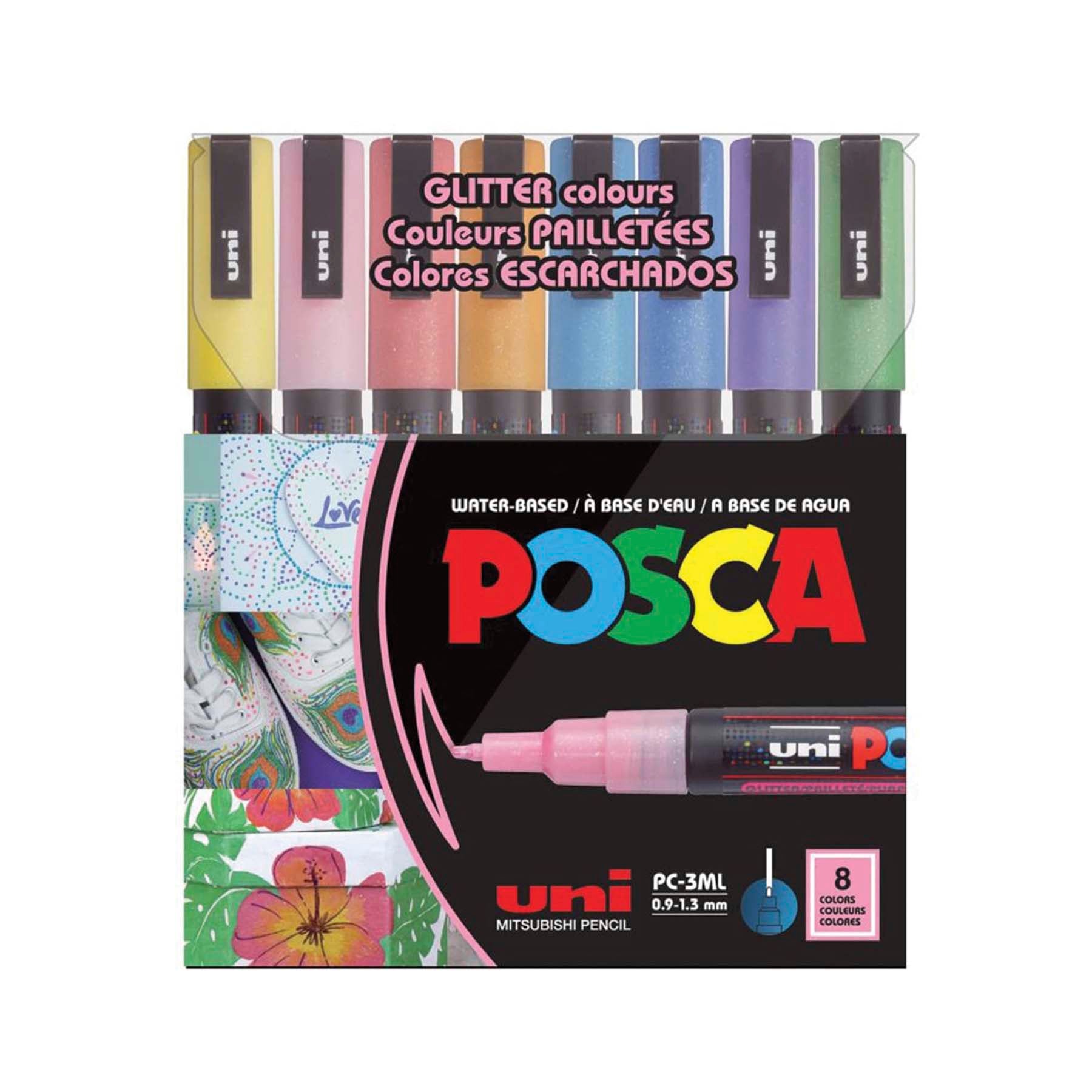 uni® POSCA PC-3ML Water-Based Glitter Paint Markers, Reversible Fine Tip (0.9-1.3mm), Assorted Colors, 8 Pack