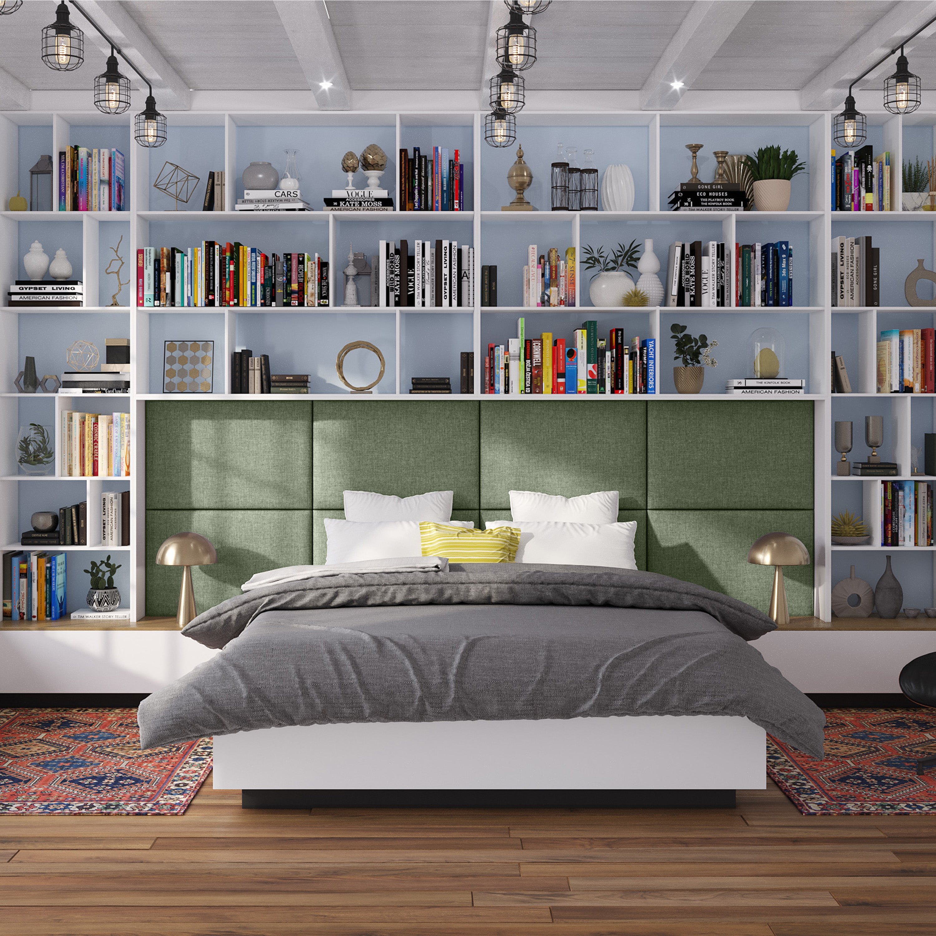 Jaxx Panelist Modern Padded Headboard- Set of 2 Wall Mounted Panels (Each 22.5" x 30")- Queen Double Tall, Microvelvet Cypress Green