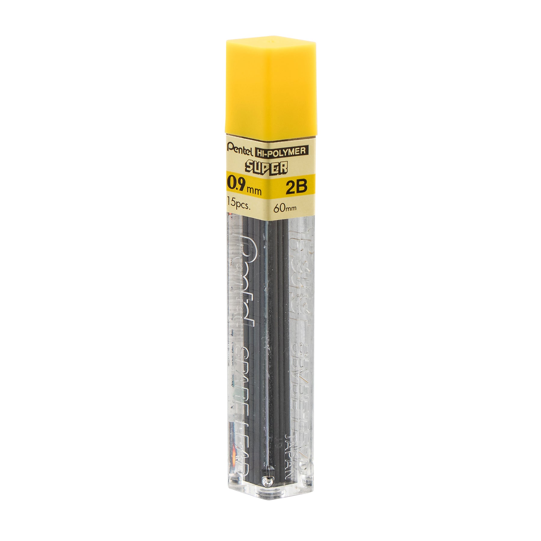 Super Hi-Polymer Lead Refill (0.9mm) Thick, 2B, 15 Pieces/Tube, 12 Tubes/Box
