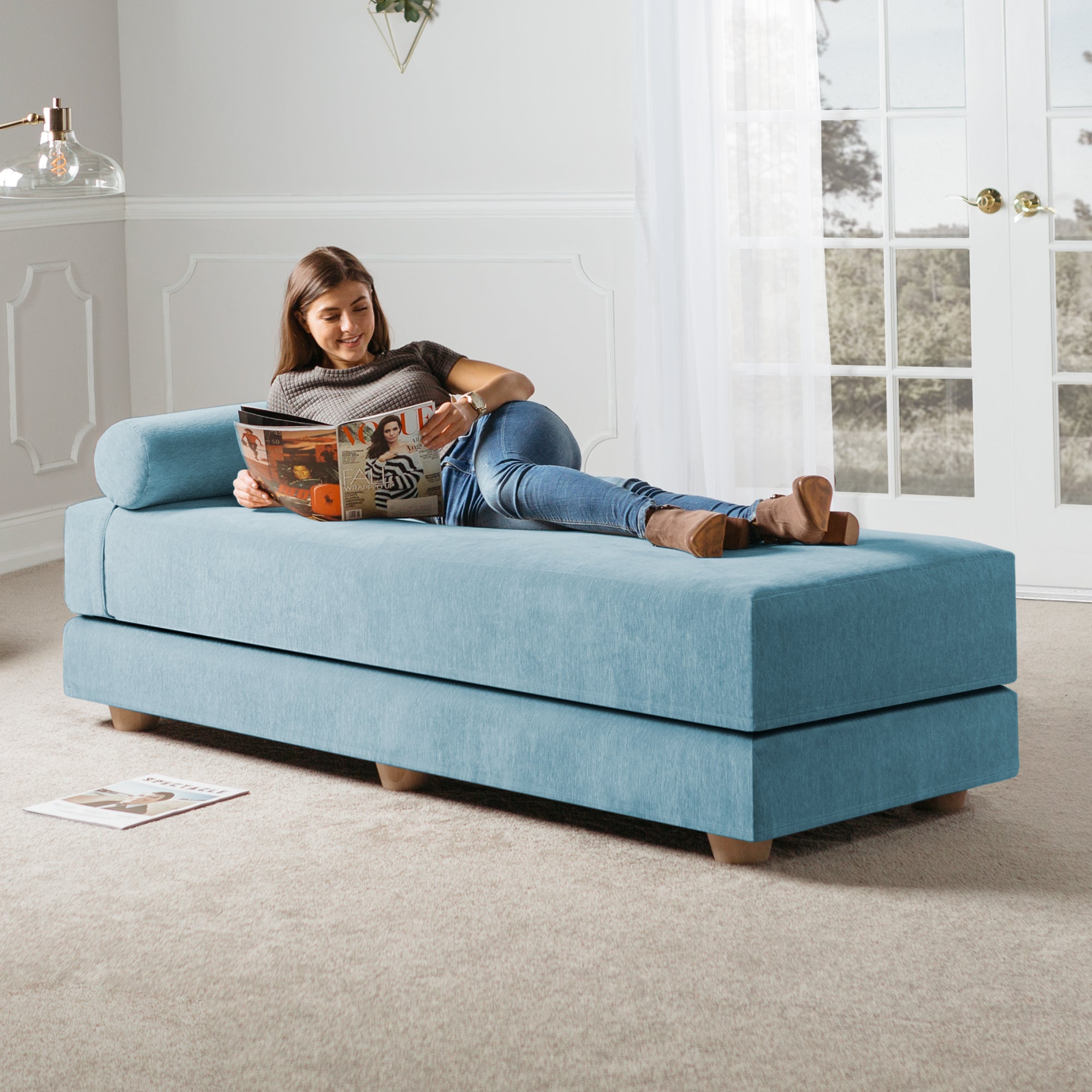 Jaxx Alon Daybed/Fold-Out Sleeper, Queen-Size Mattress - Premium Chenille, Turquoise