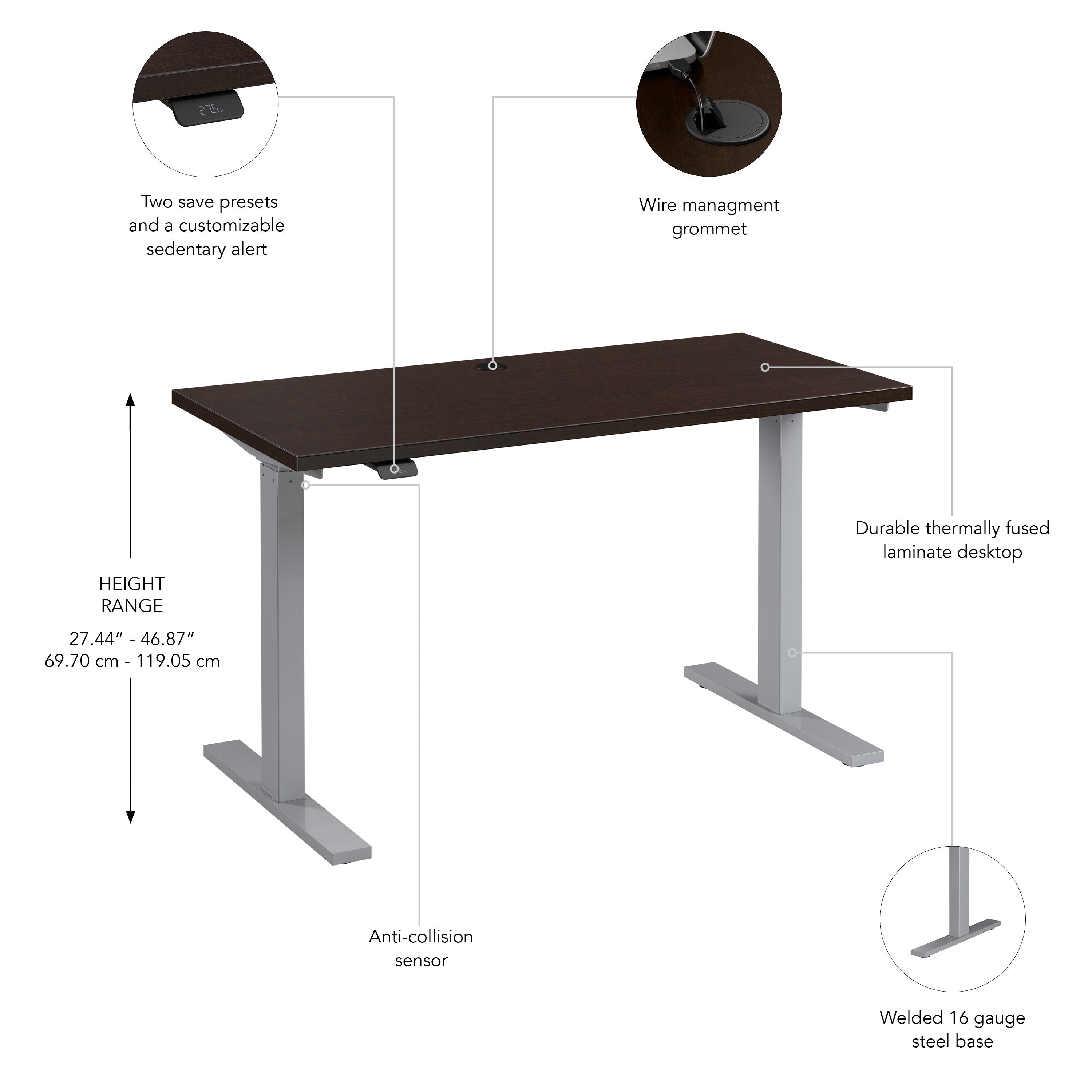 Bush Business Furniture Move 60 Series 48W x 24D Electric Height Adjustable Standing Desk in Mocha Cherry with Metallic Gray Base - 47.6" Width x 23.62" Depth x 47.69" Height