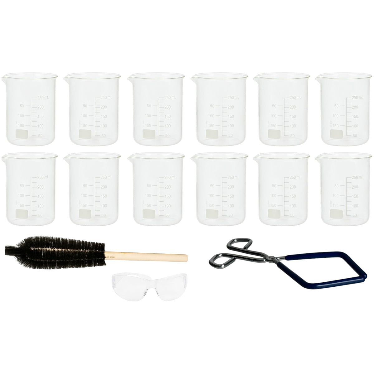 Beaker Starter Kit - Includes 12 Packs of 250ml Griffin Style Beakers, Beaker Brush (330mm), Beaker Tongs with Plastisol-Coated Jaws, & Safety Glasses