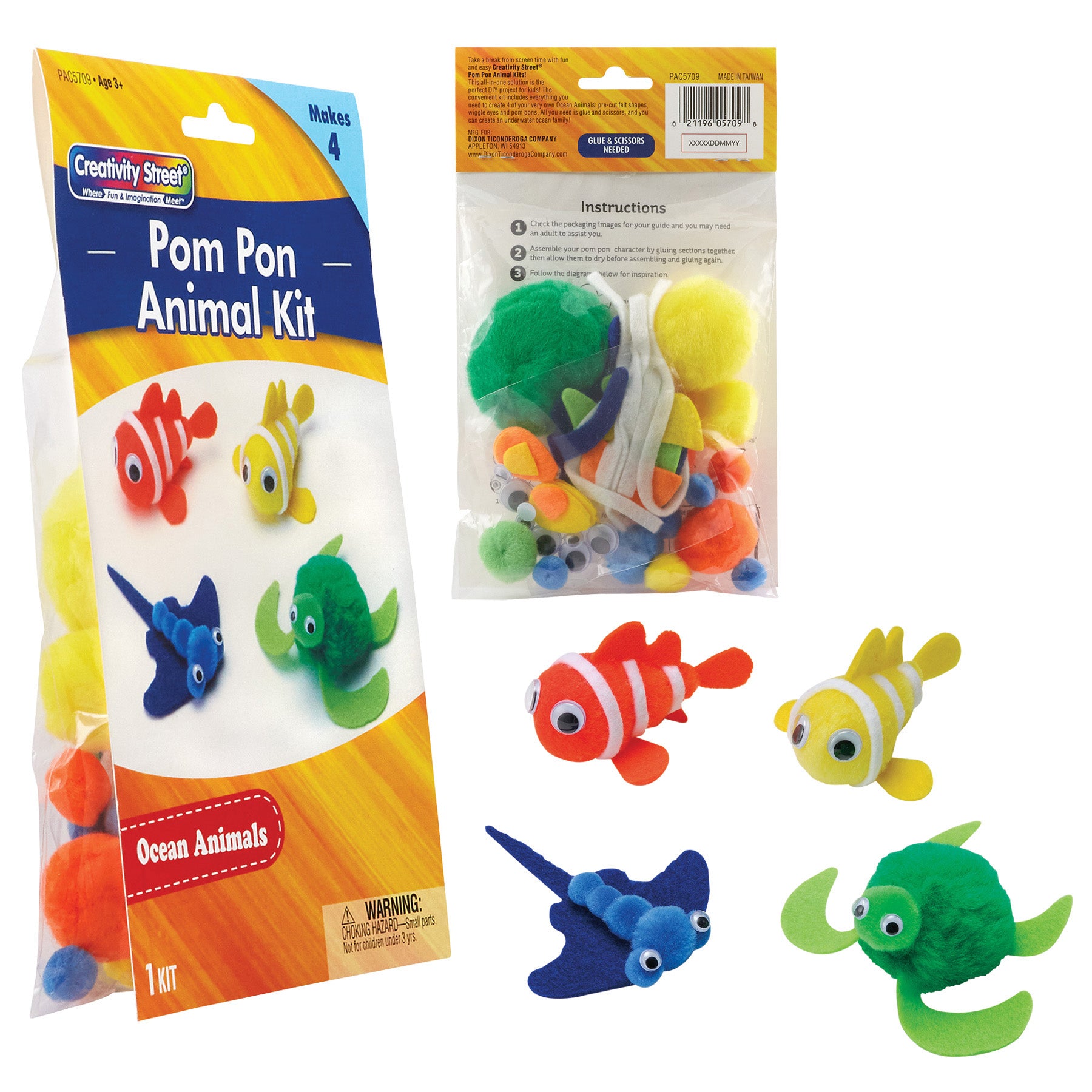 Pom Pon Animal Craft Kits, Ocean, Turtle, Flamingos, Lion & Elephant, 4 Kits