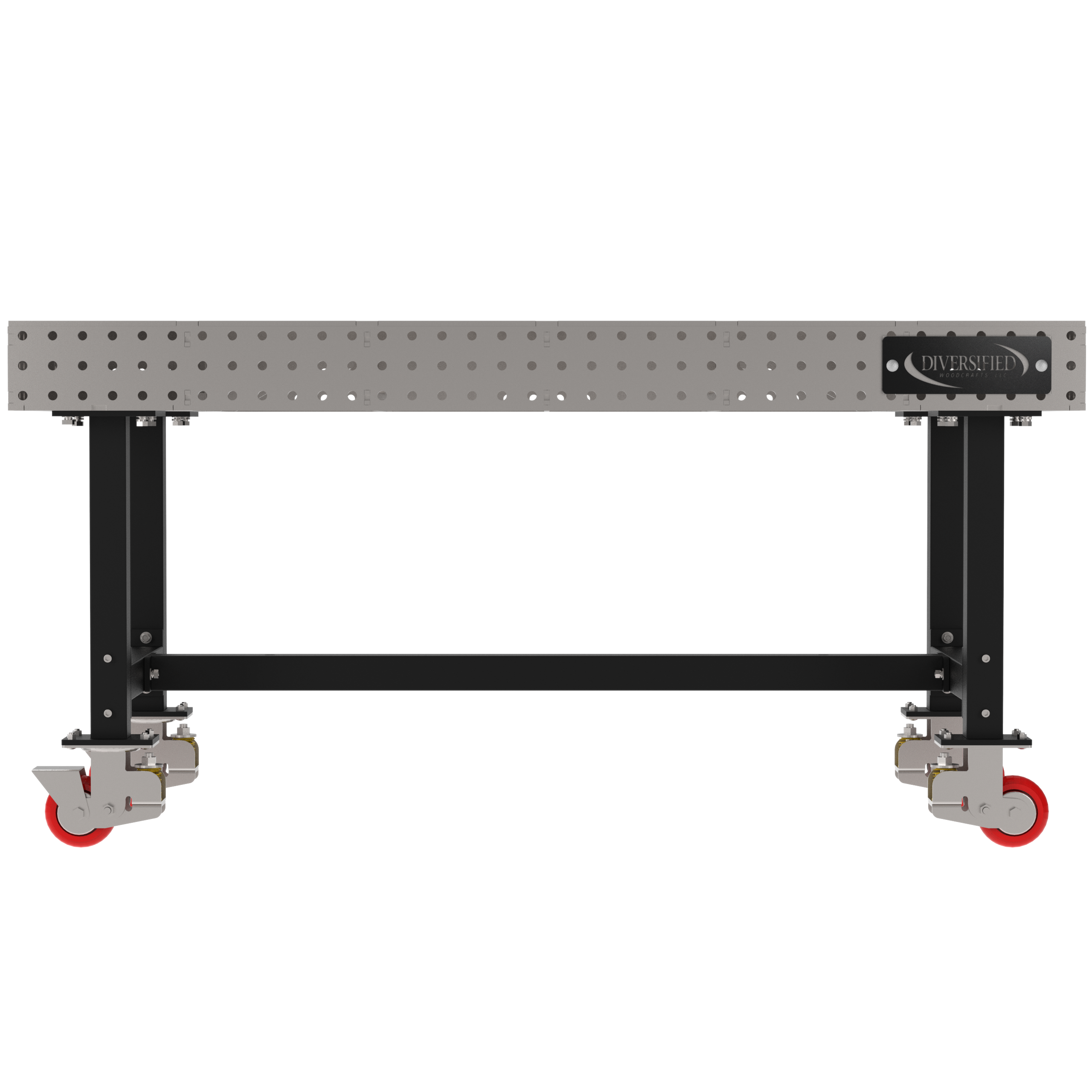 Welding Fixture Table, Fixed Height, 36"H x 72"L x 36"D, 1/4" Carbon Steel Top, Four Black Powdercoat Legs, 4 Heavy Duty Suspension Casters (2 Locking/Swiveling Casters and 2 Non-Locking/Non-SwivelingCasters)