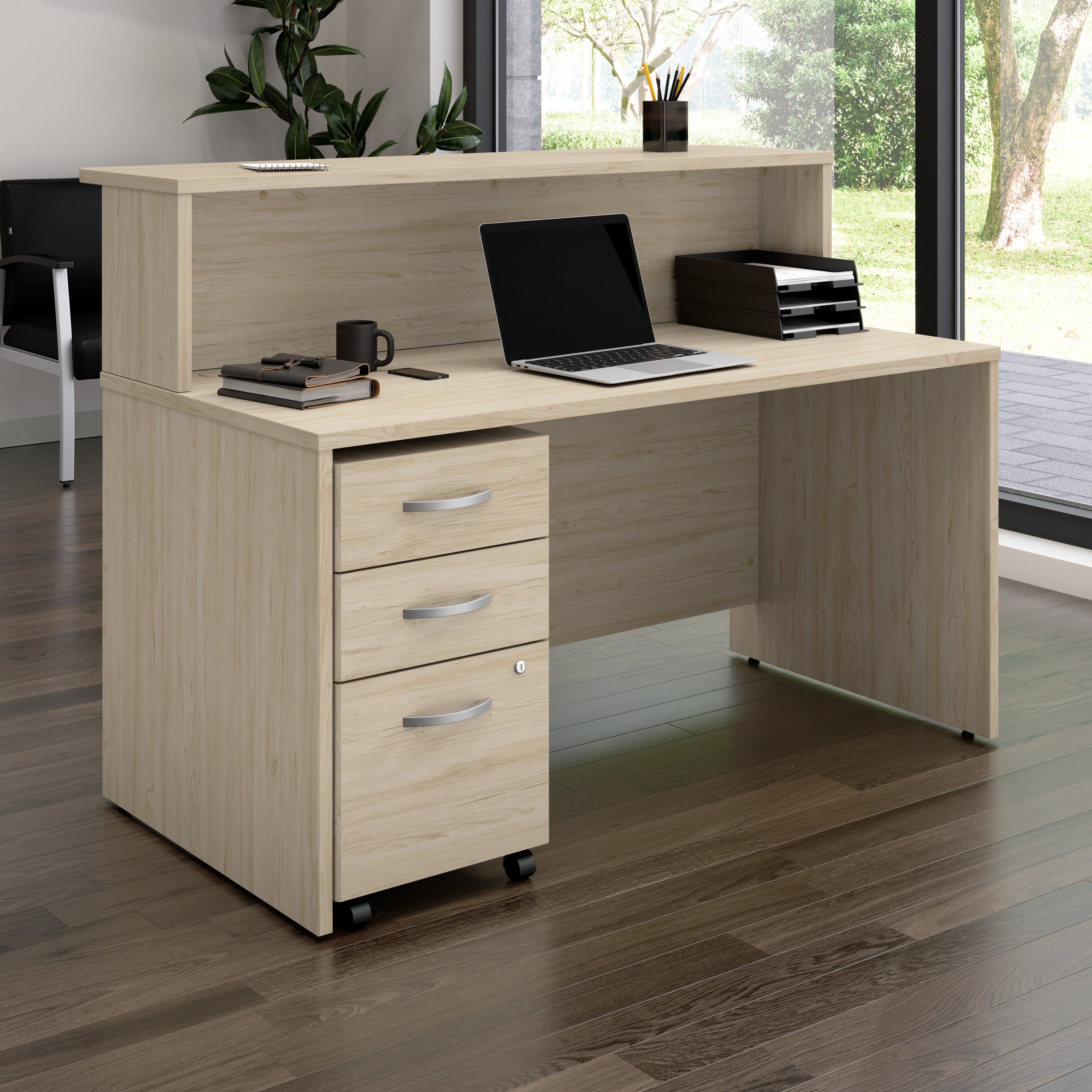 Bush Business Furniture Arrive 60W x 30D Reception Desk with Shelf and Mobile File Cabinet in Natural Elm - 59.45" Width x 29.37" Depth x 43.71" Height