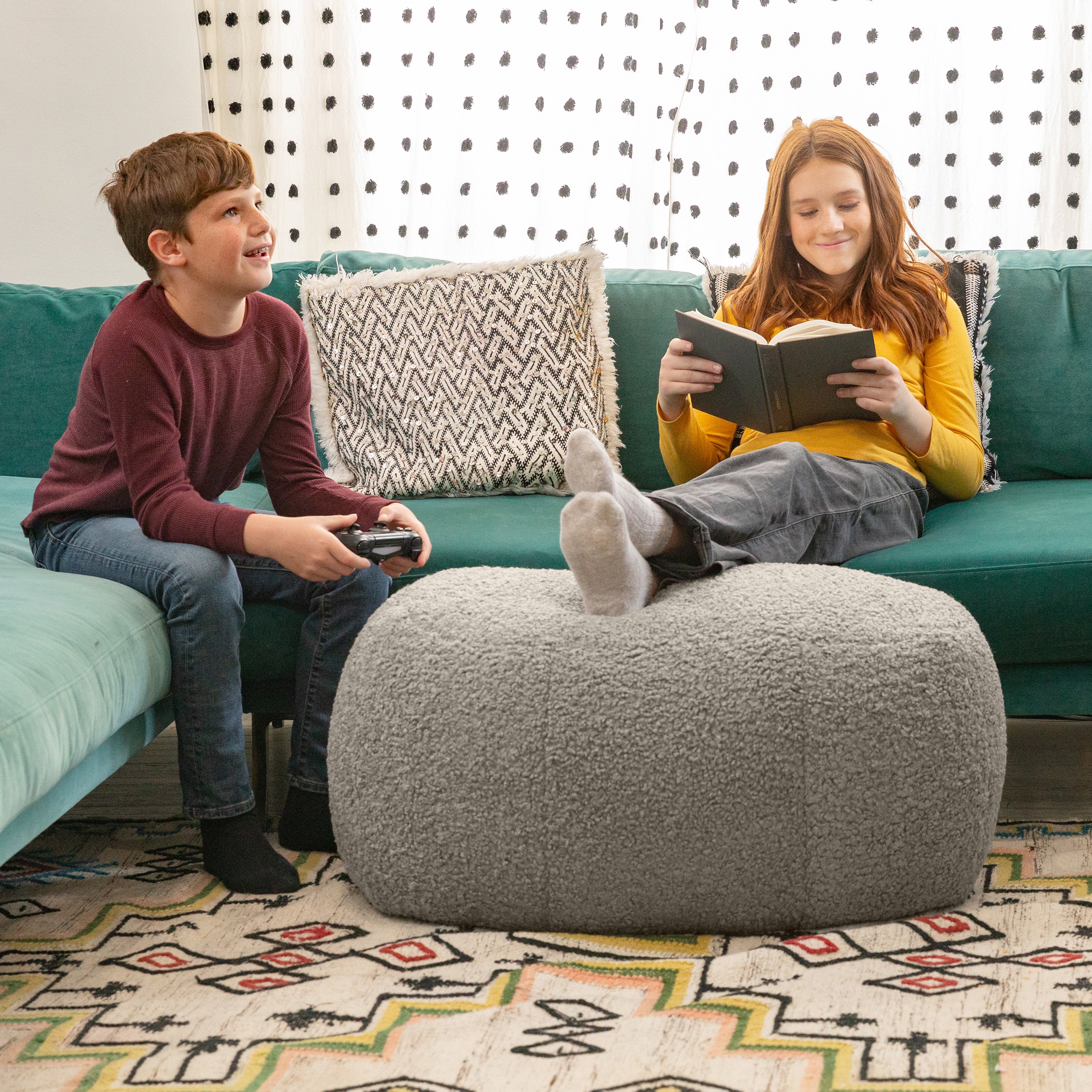 Jaxx Ellis Ottoman Shearling Faux-Lamb Plush Pouf for Modern Interior Design, Oval, Smoke