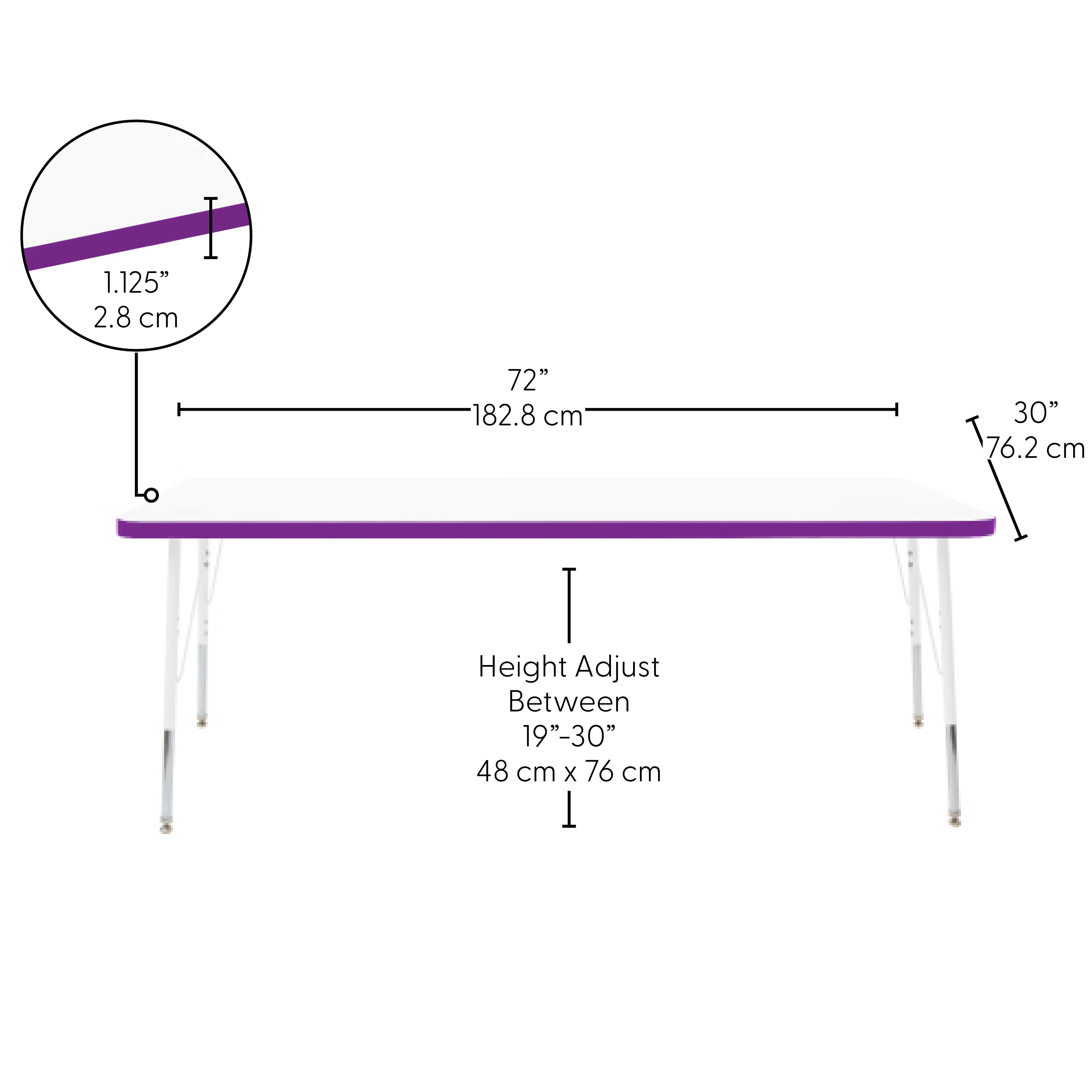 30" x 72" Rectangle Thermofused Activity Table with Adjustable Standard Swivel Glide Legs - White/Eggplant/White