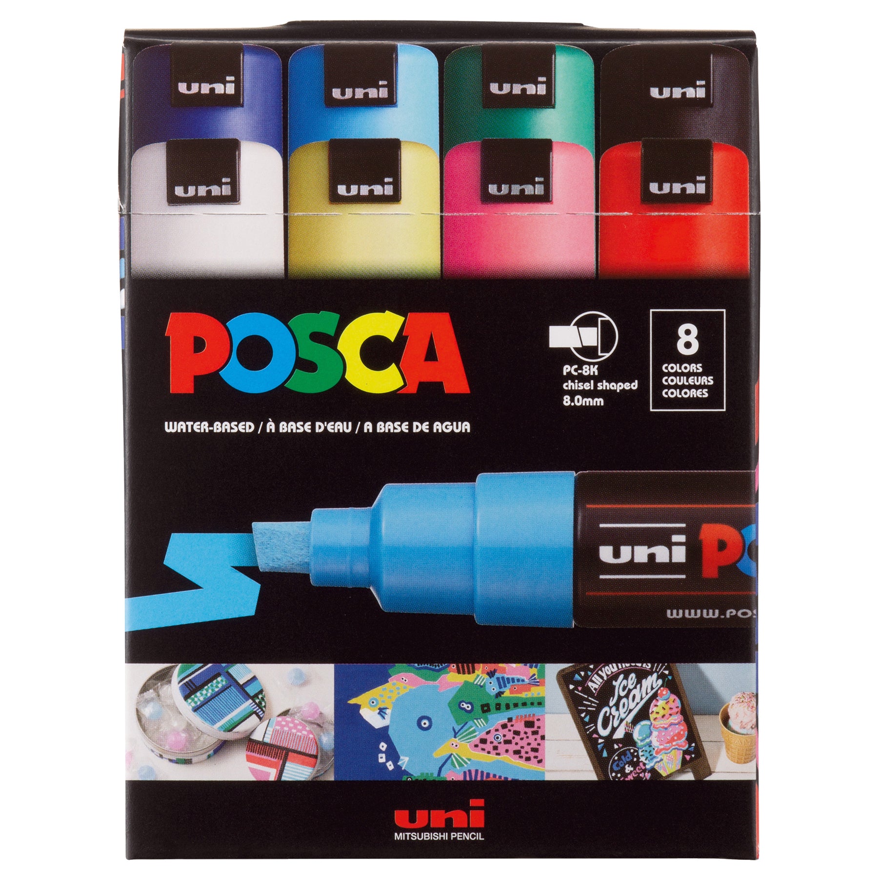 uni® POSCA PC-8K Water-Based Paint Markers, Broad Tip (8mm), Assorted Colors, 8 Pack