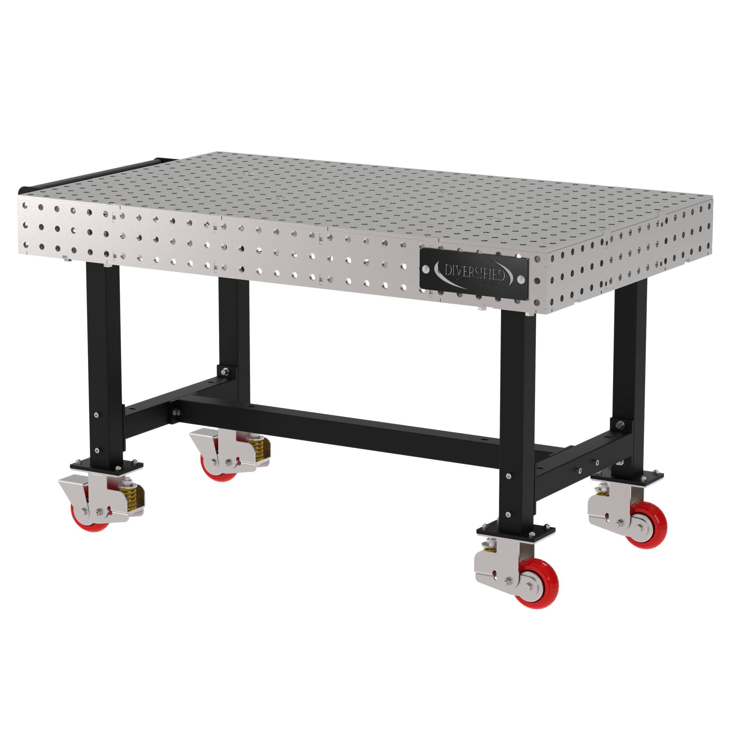 Welding Fixture Table, Fixed Height, 36"H x 60"L x 36"D, 1/4" Carbon Steel Top, Four Black Powdercoat Legs, Handle, 4 Heavy Duty Suspension Casters (2 Locking/Swiveling Casters and 2 Non-Locking/Non-SwivelingCasters)