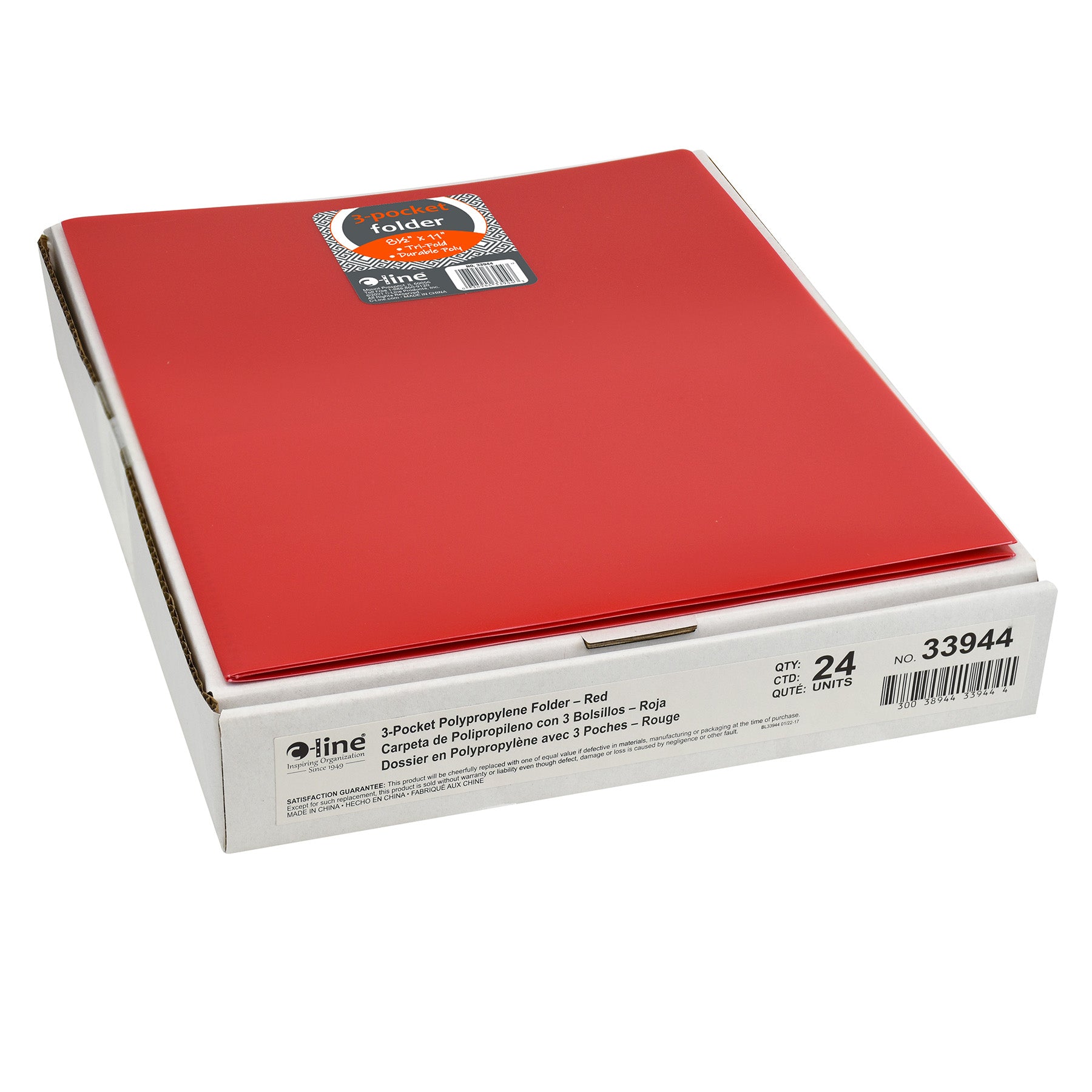 3-Pocket Poly Portfolio, Red, Box of 24