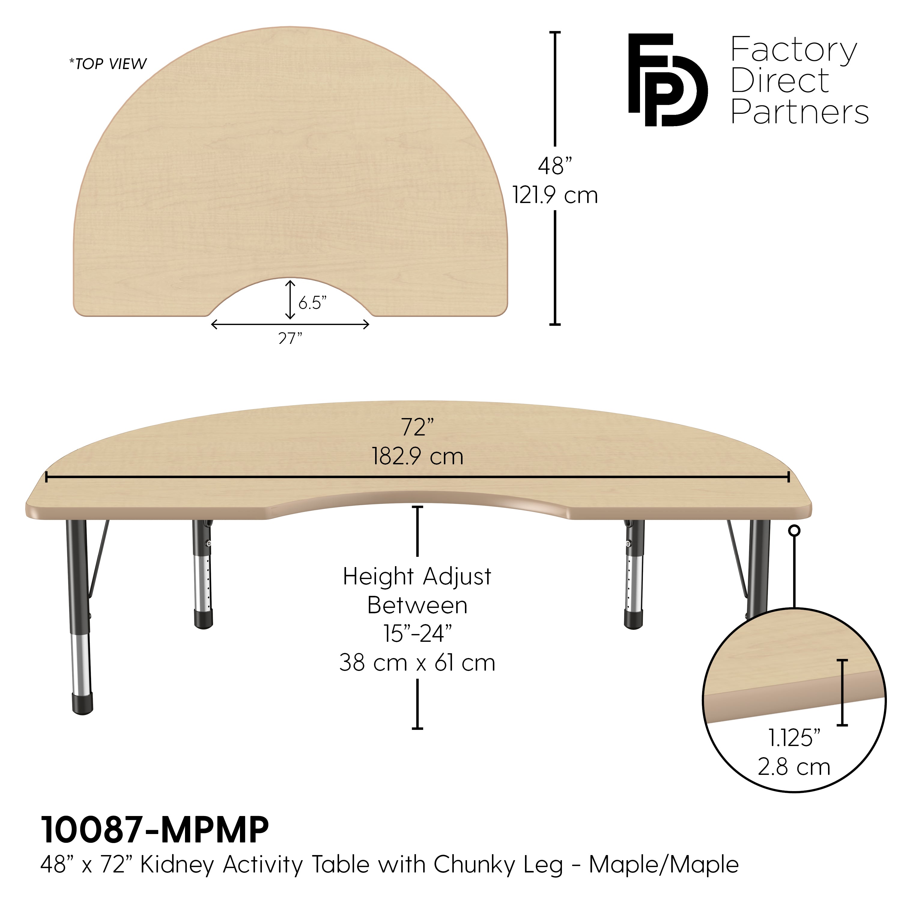 48" x 72" Kidney T-Molding Activity Table with Adjustable Chunky Legs - Maple/Maple/Black