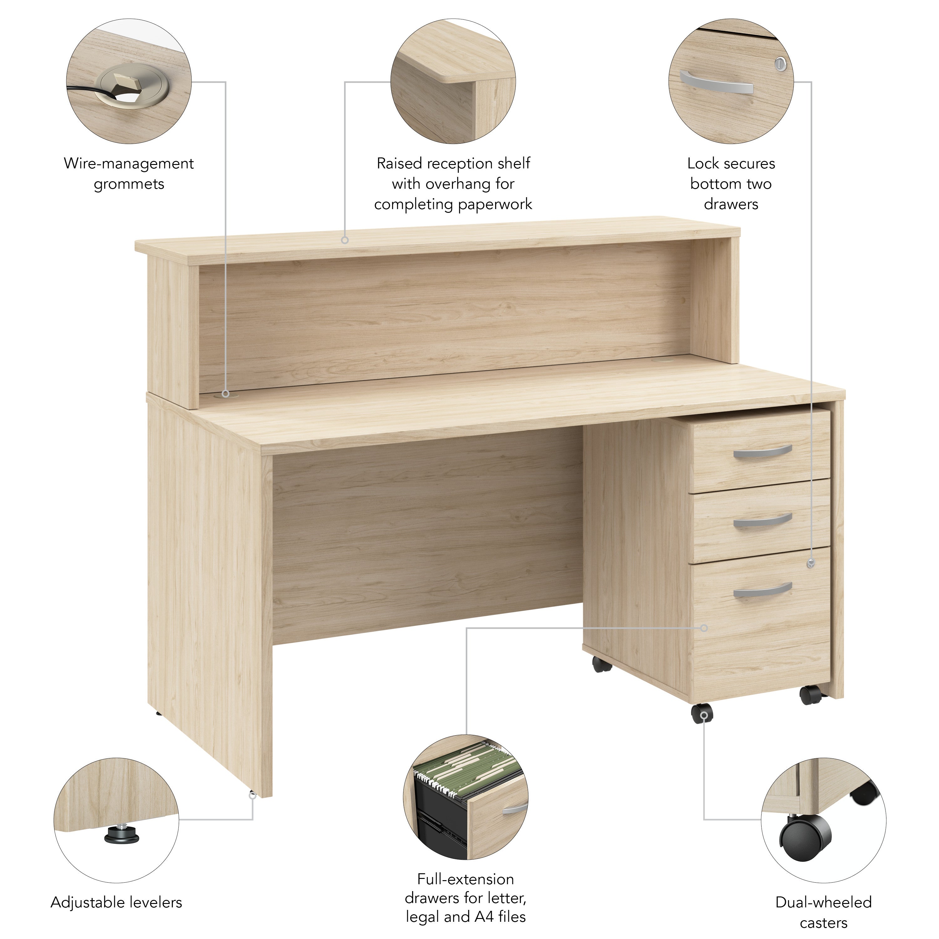 Bush Business Furniture Arrive 60W x 30D Reception Desk with Shelf and Mobile File Cabinet in Natural Elm - 59.45" Width x 29.37" Depth x 43.71" Height