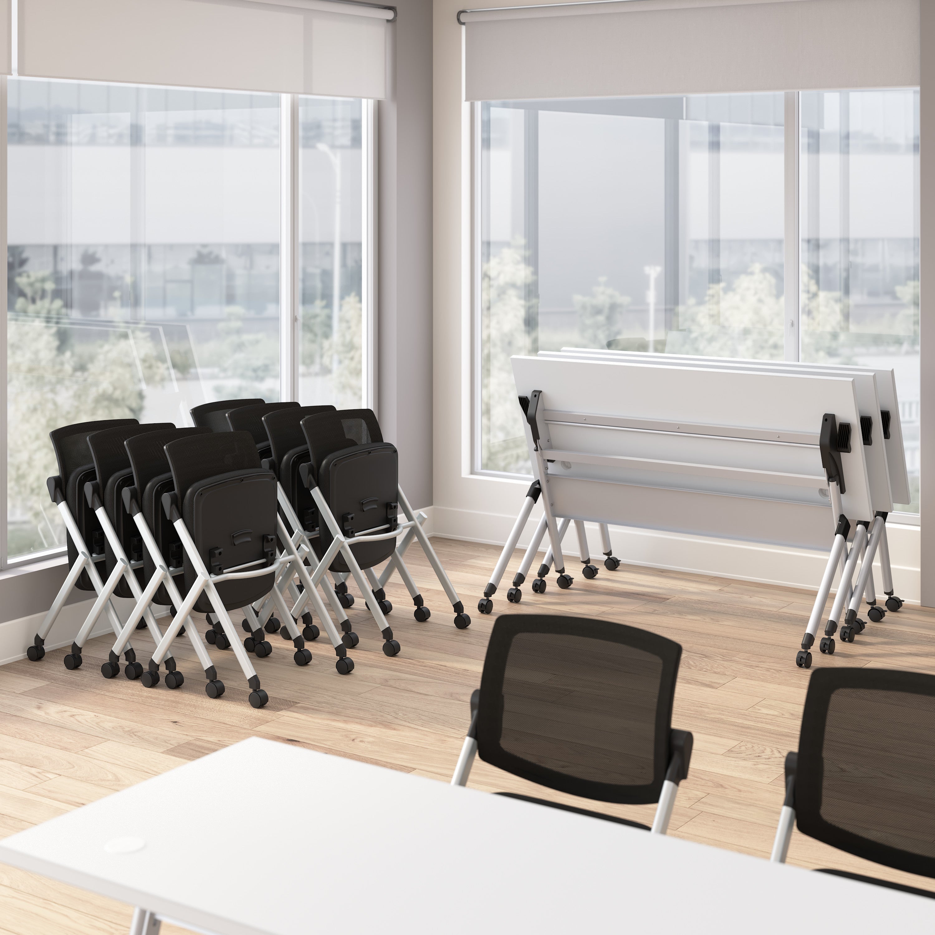 Bush Business Furniture Envision 72W Folding Training Table with Powered Grommets and 2 Chairs in White - 71.02" Width x 23.54" Depth x 32.87" Height