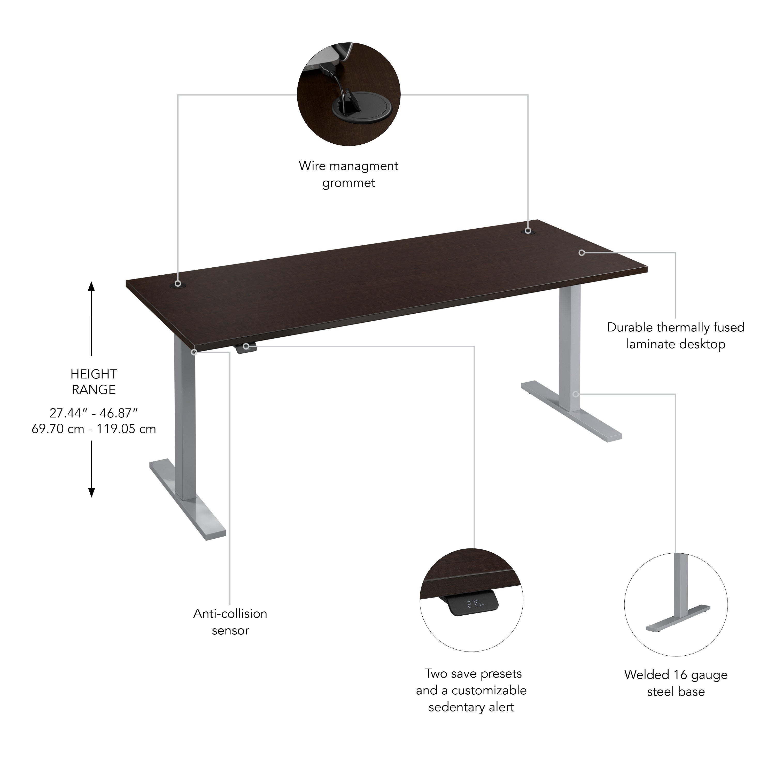 Bush Business Furniture Move 60 Series 72W x 30D Electric Height Adjustable Standing Desk in Mocha Cherry with Metallic Gray Base - 71.02" Width x 29.37" Depth x 47.69" Height