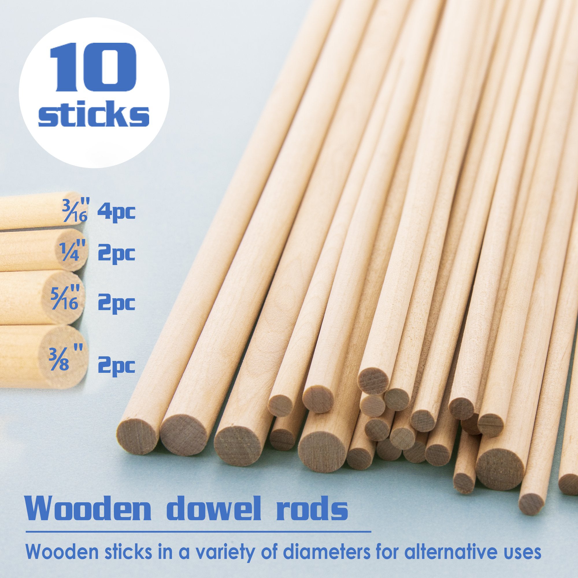 Assorted Round Natural Wooden Dowel, Pack of 10